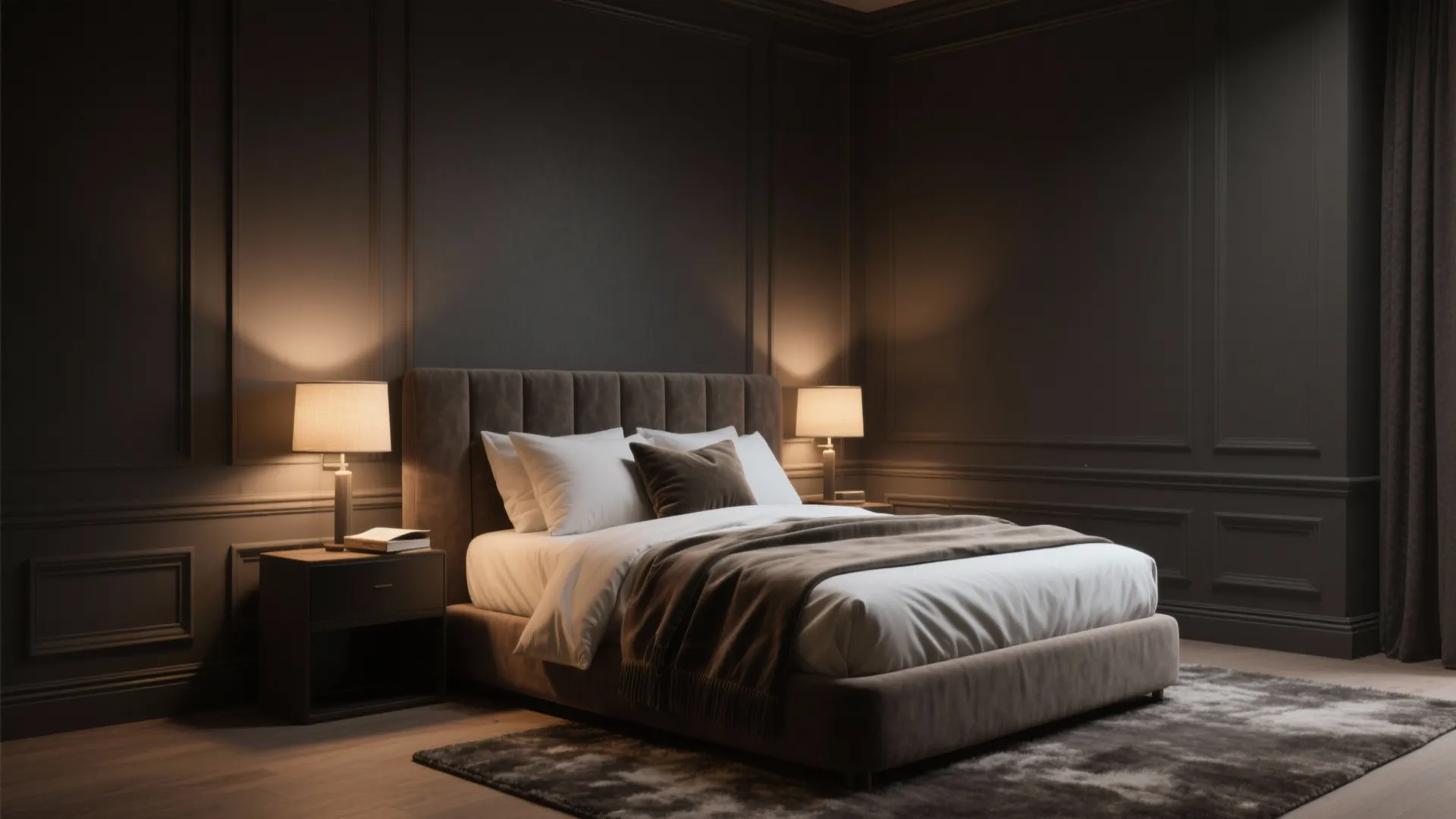 Elegant dark bedroom with brown bed white pillows table lamps wall panels and soft rug