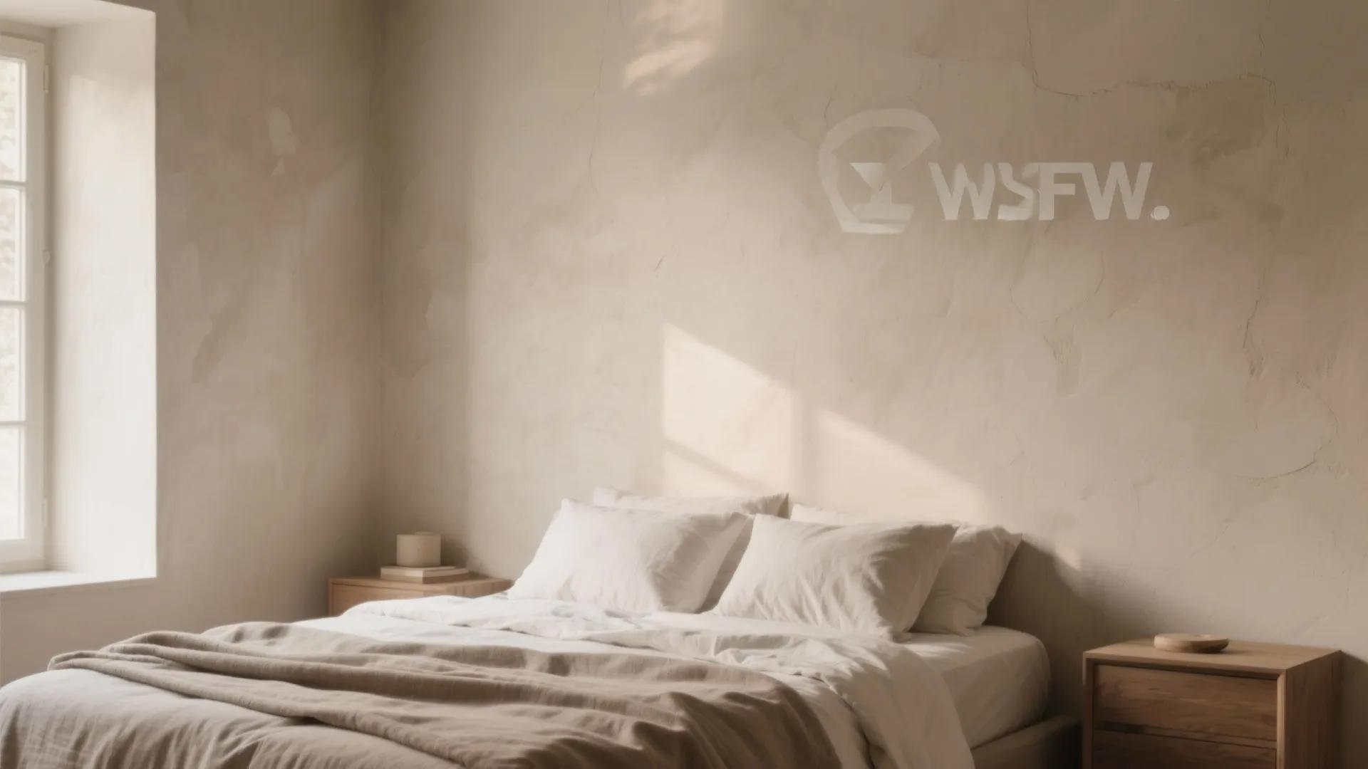 Cozy bedroom with white bedding wooden nightstands and sunlight hitting the beige textured wall finish