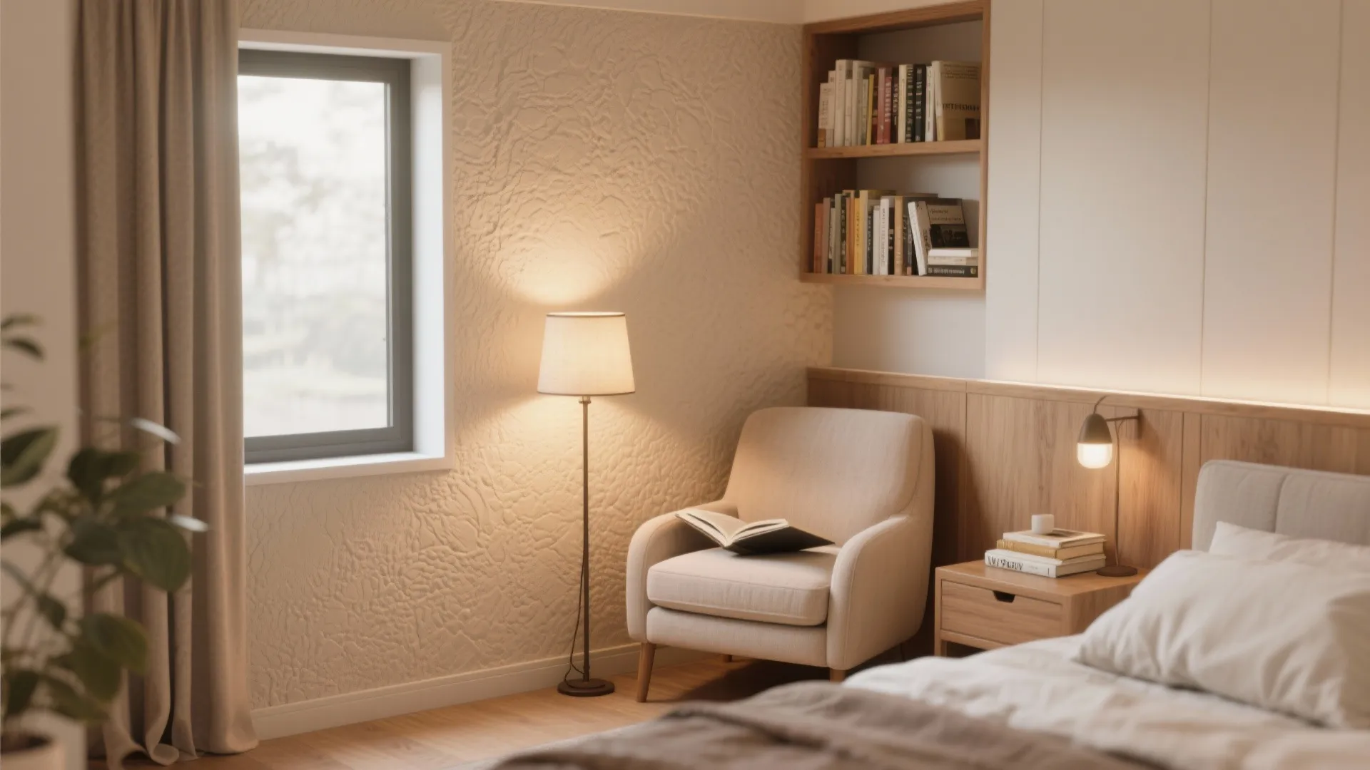 Cozy reading nook in a small room with matte vinyl walls and warm wood accents.