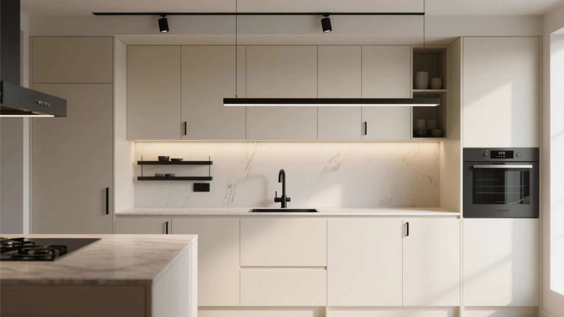 Contemporary kitchen with matte cream cabinets and contrasting matte black hardware and tapware.