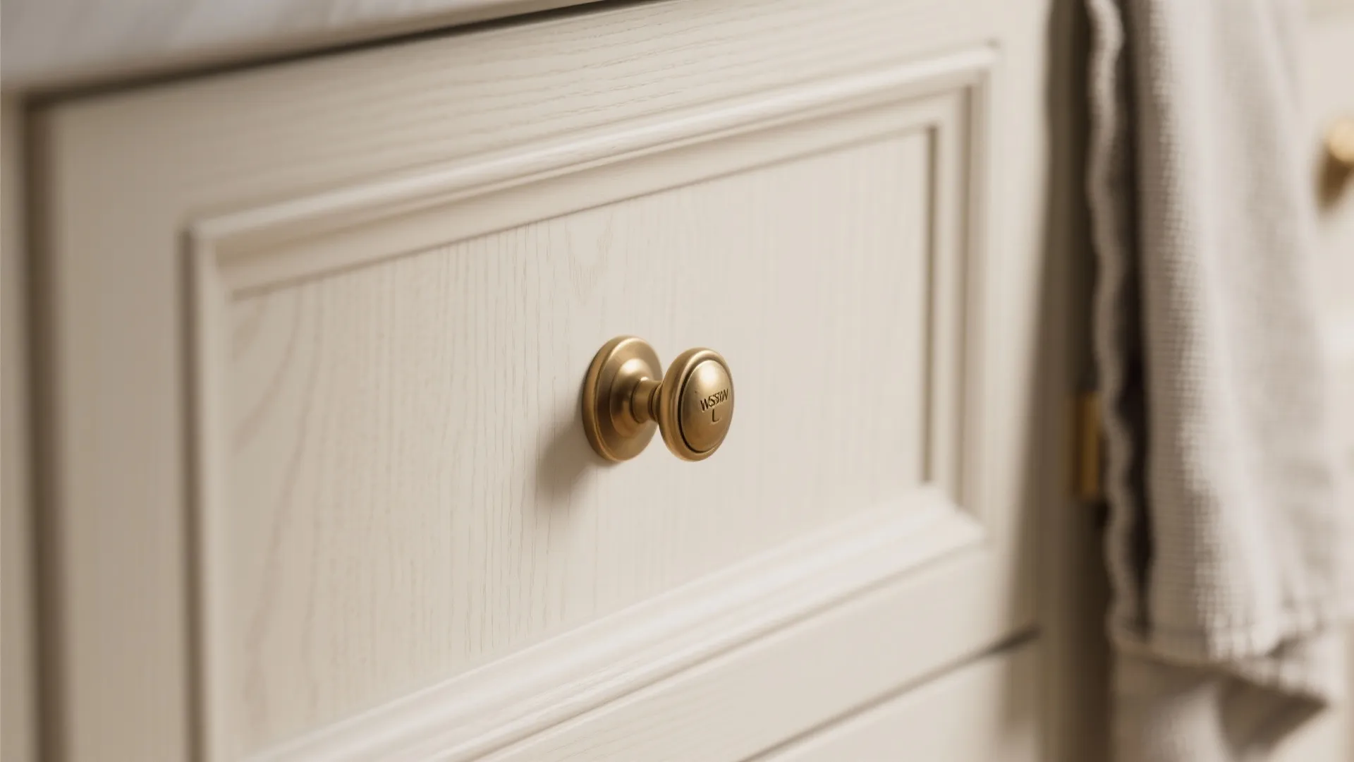 1. Matte cream shaker cabinets with warm brass hardware