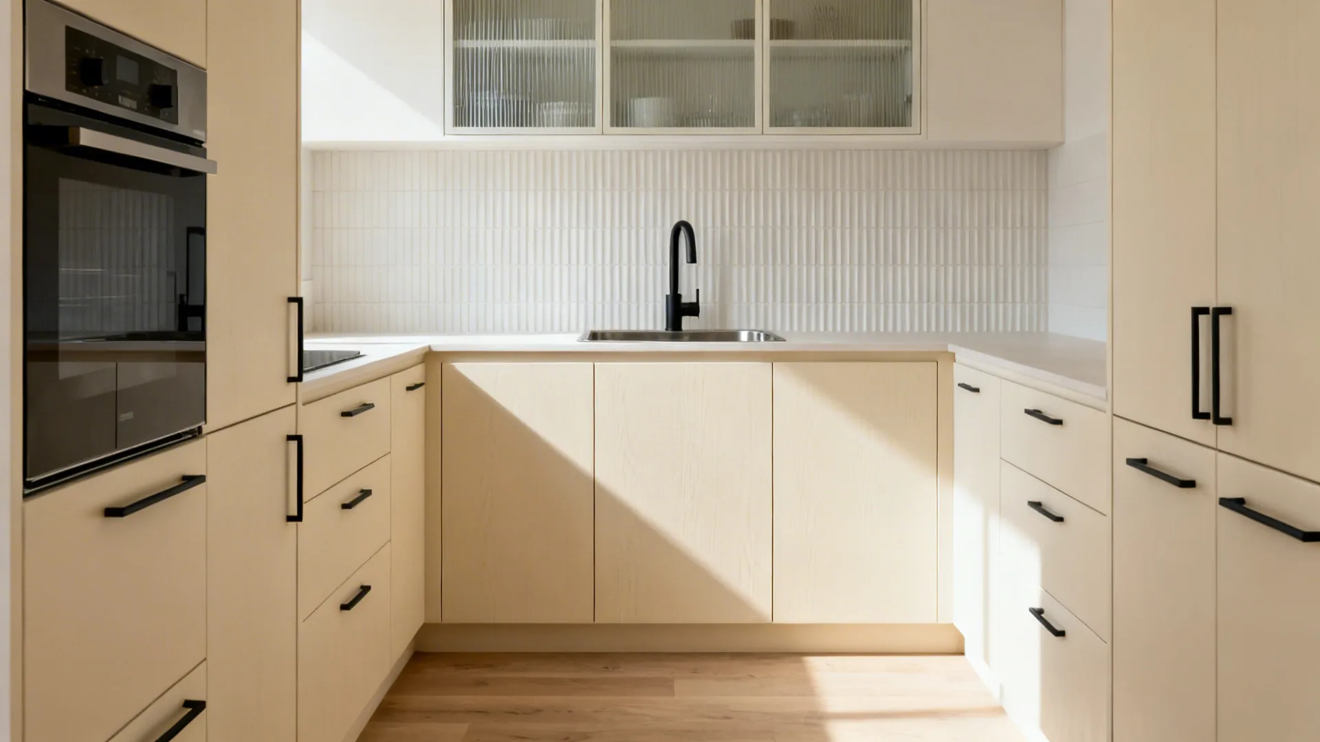 Minimal matte cream cabinets with slim black pulls in a small galley kitchen.