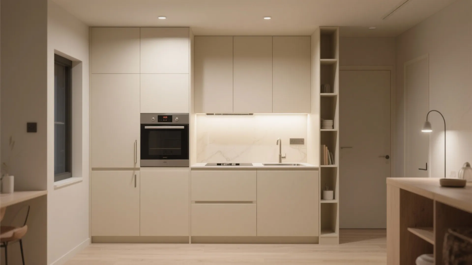 5. Matte Cream Cabinets with Minimal Hardware
