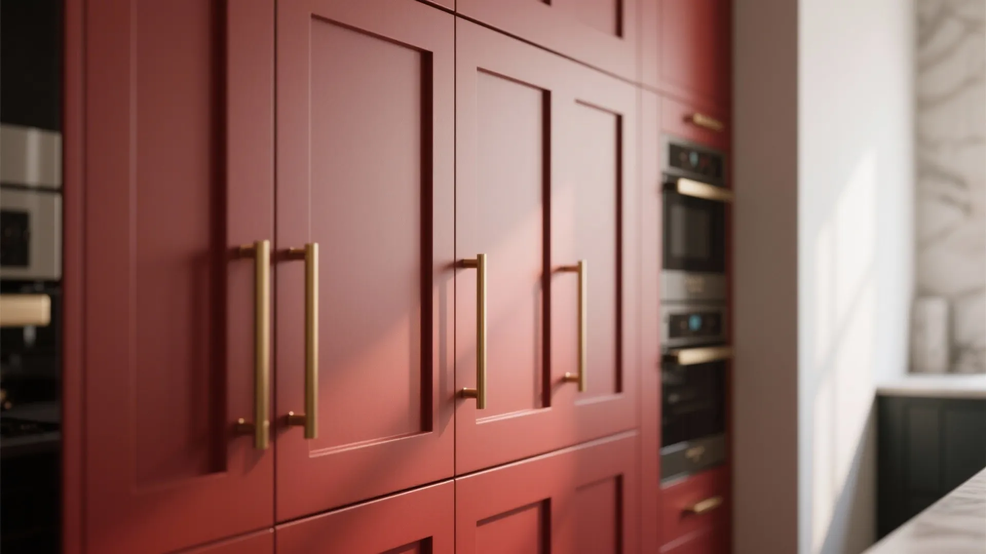 Close up view of matte red kitchen cabinet doors with gold handles and built in ovens