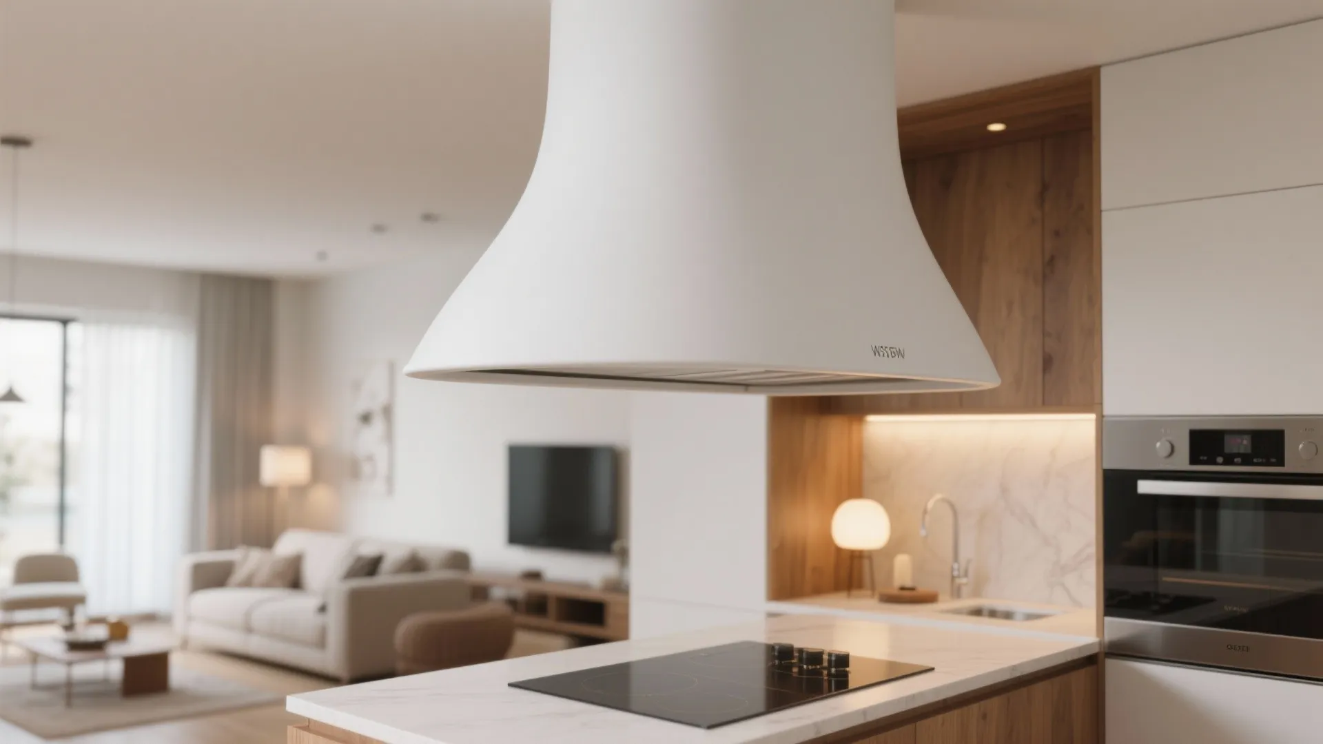 White curved kitchen hood over a marble island in a modern open plan living space