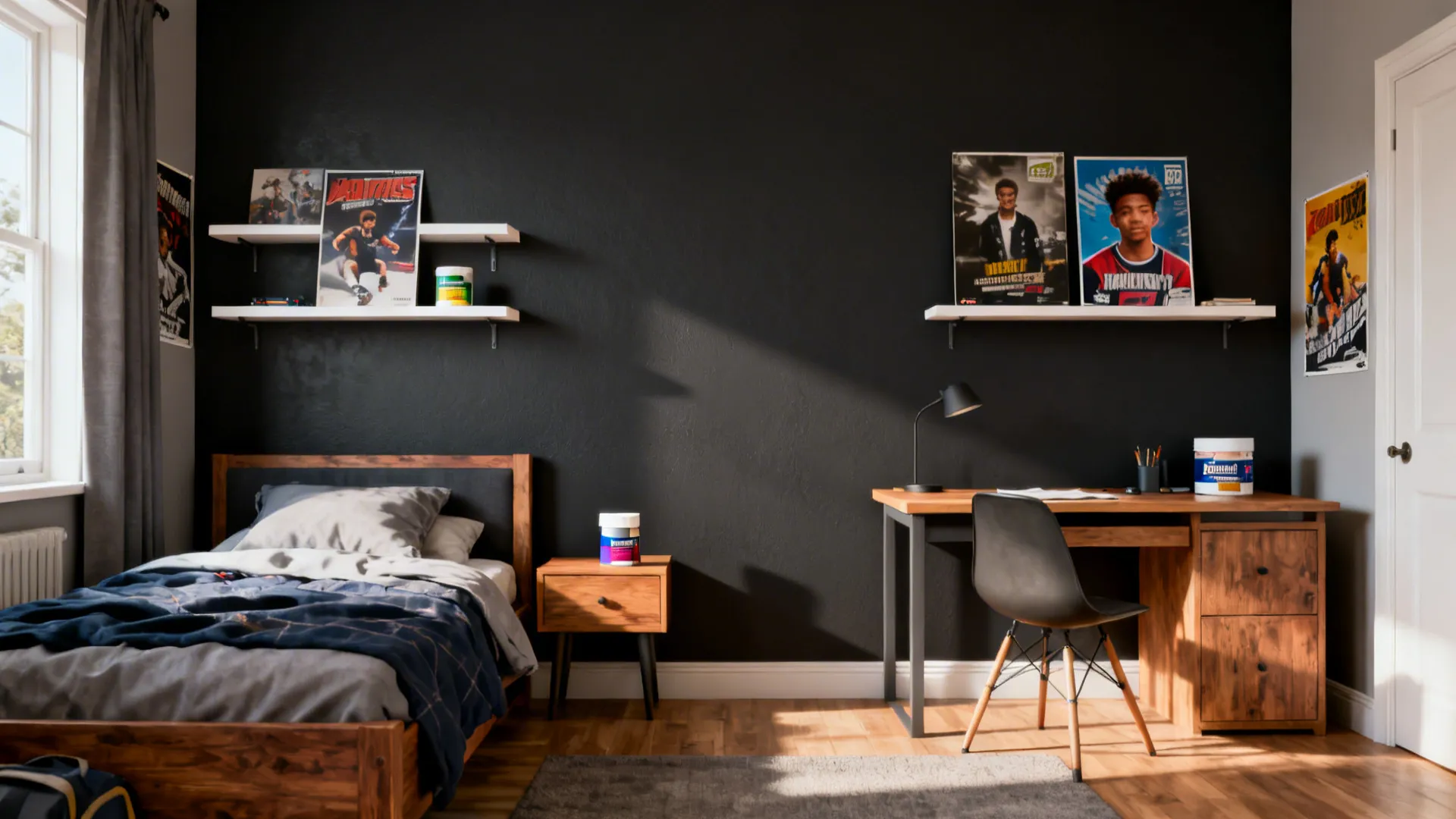 Bedroom with a matte charcoal accent wall behind bed and desk, posters and shelves standing out.