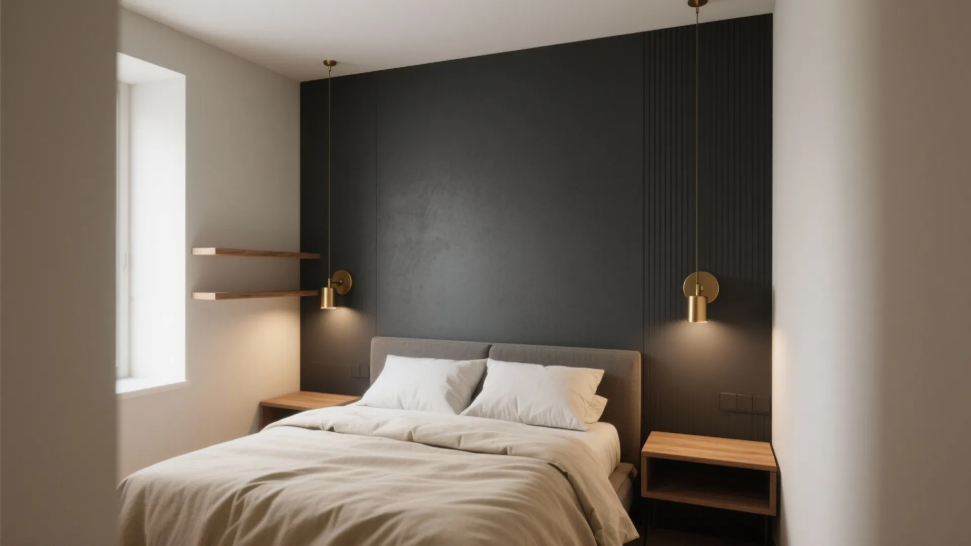 Modern bedroom with dark wall gold ceiling lights wooden side tables and soft white bedding