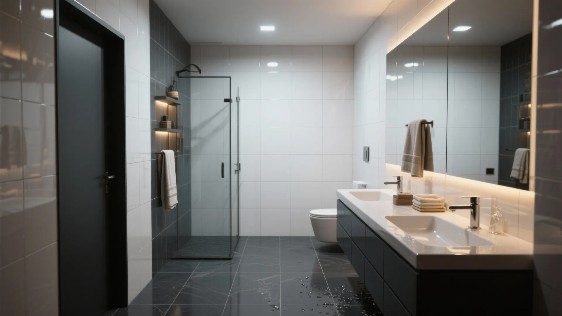 Luxury bathroom featuring dark floor tiles white wall tiles black cabinet and glass shower box design