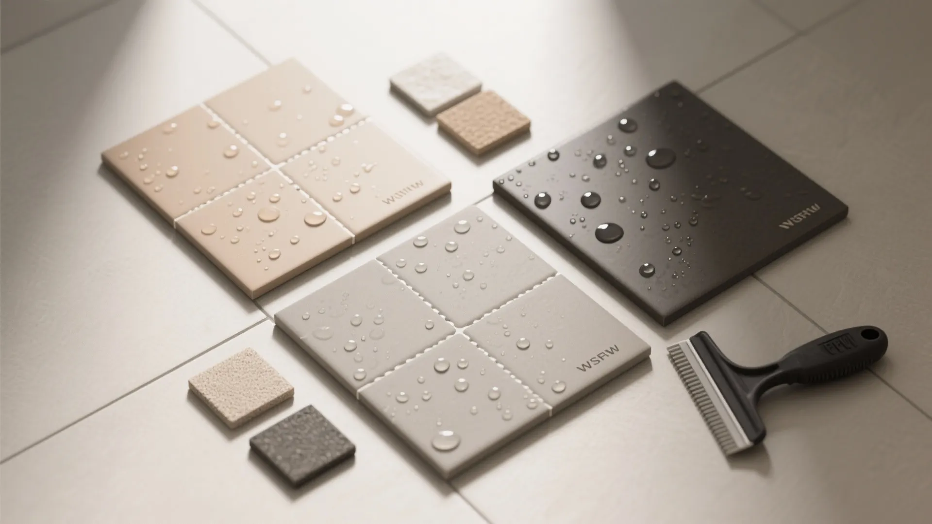Different colored floor tile samples with water drops and a small cleaning tool on the floor