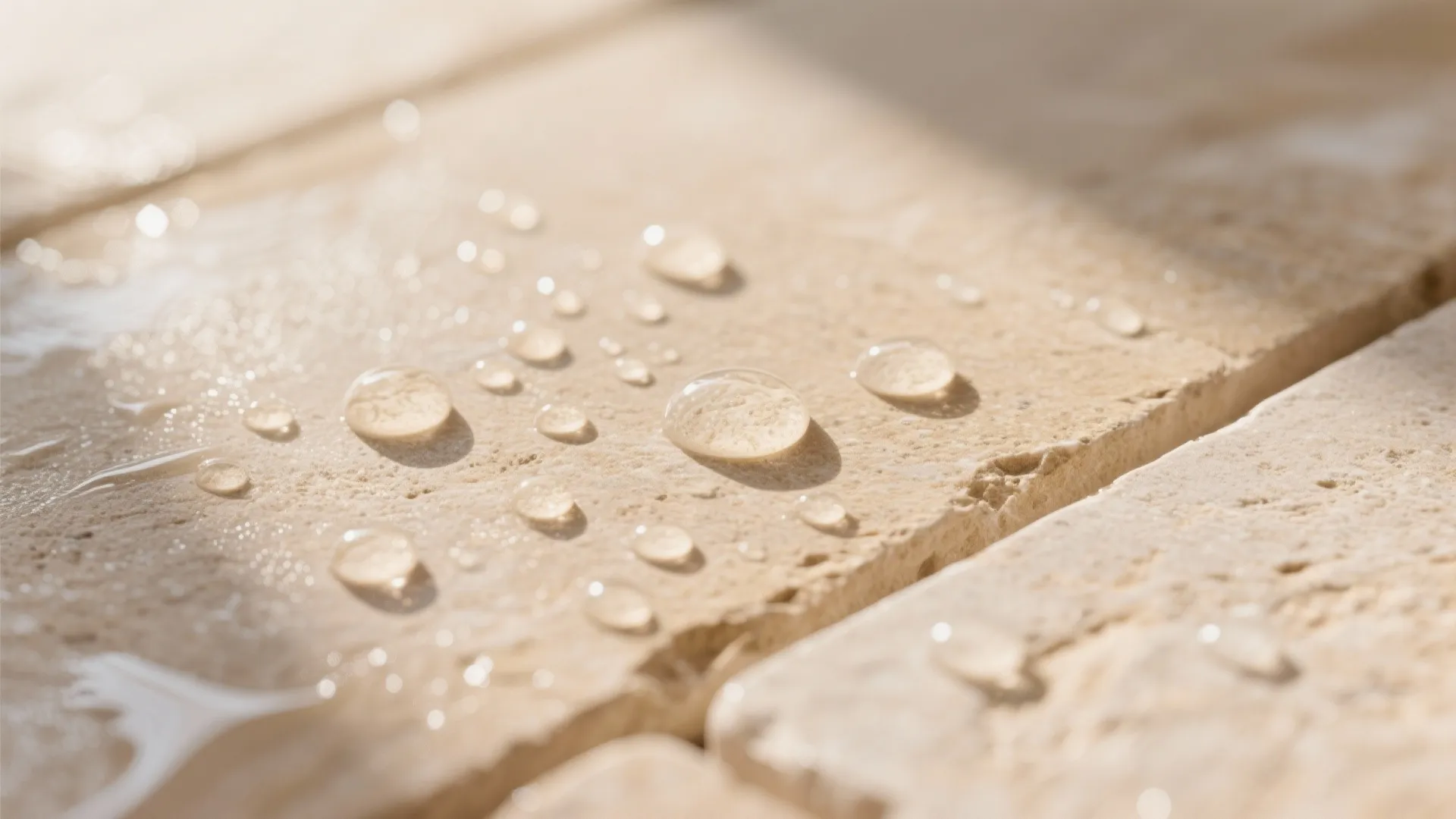 Macro view of sealed matte Dholpuri sandstone with water beads showing low sheen and fine grain.