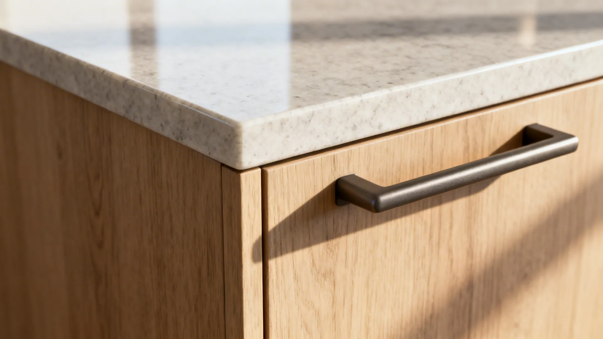 Macro of matte quartz edge meeting light oak cabinet with a matte metal handle in soft daylight.