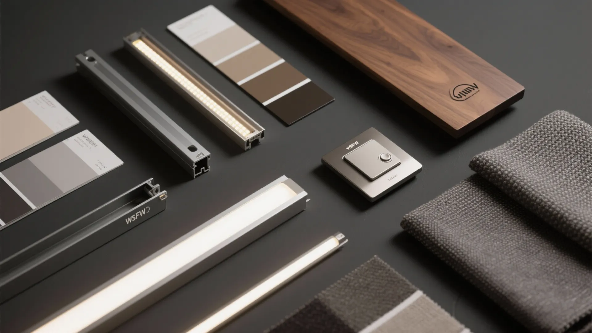 Interior design materials including light fixtures wood panel fabric swatches and color cards on desk