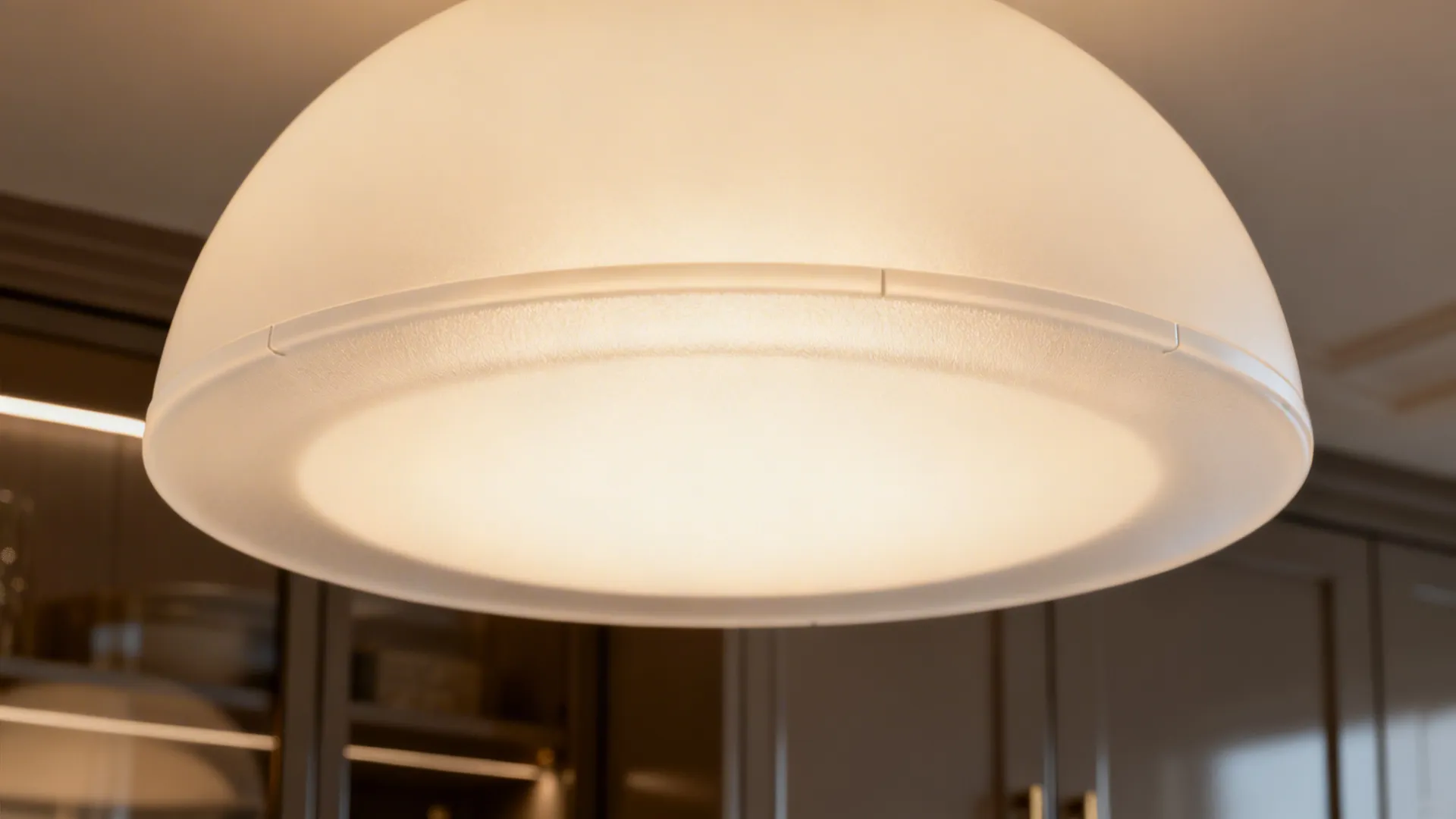 Close up of a white round dome ceiling light with matte finish and warm glow