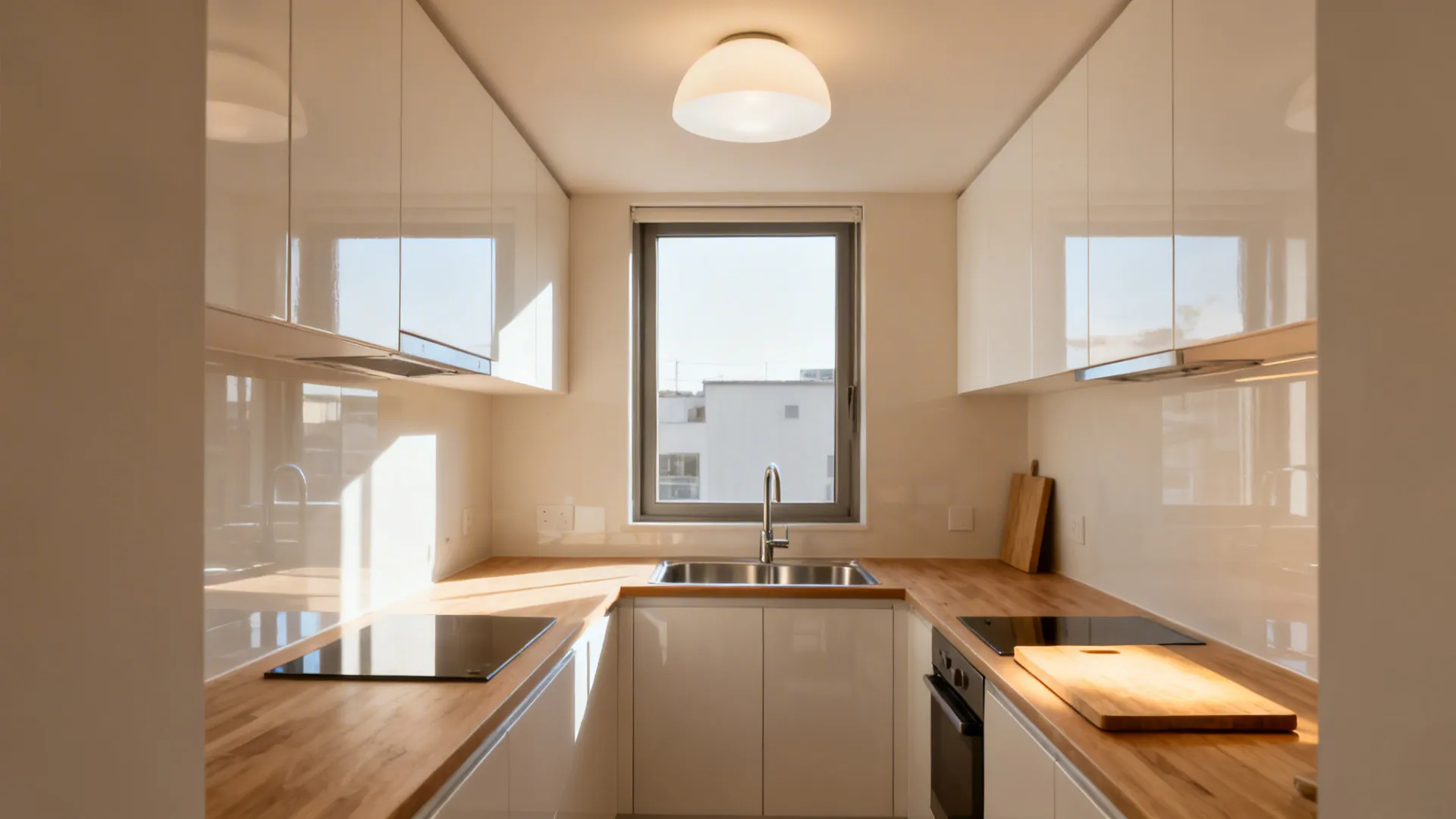 Small kitchen with white glossy cabinets wood countertops center window and round white ceiling light