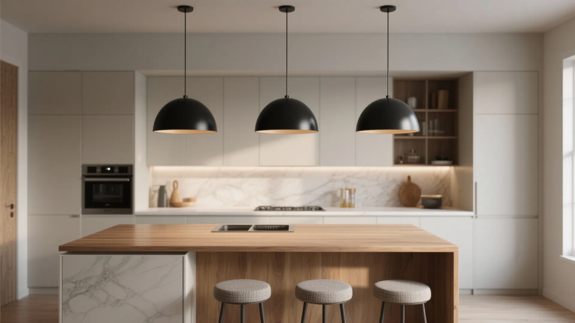 Medium island with three matte black dome pendants creating rhythm and balance