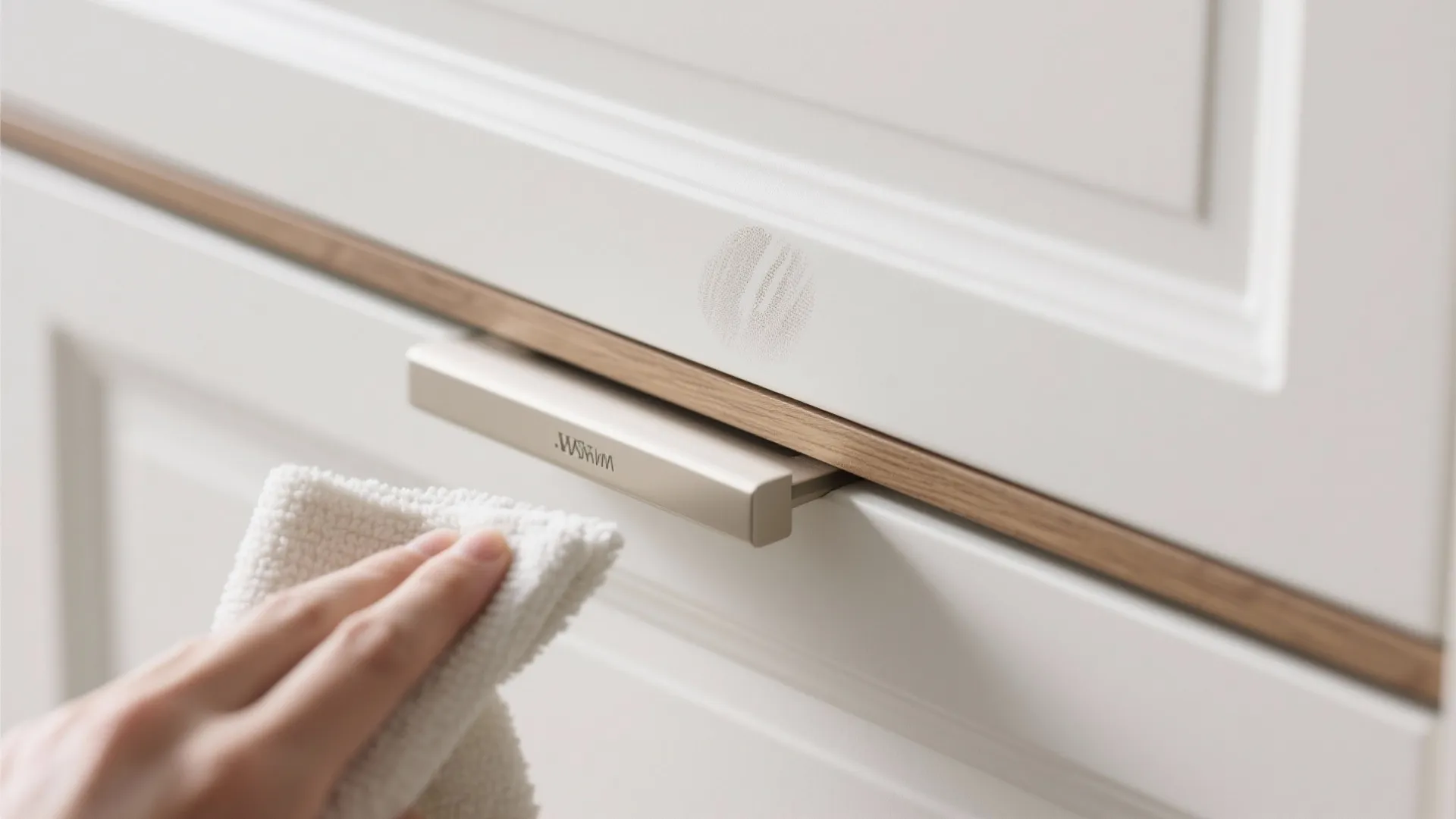 Macro view of a matte cabinet door with an edge pull being cleaned with a microfiber cloth.