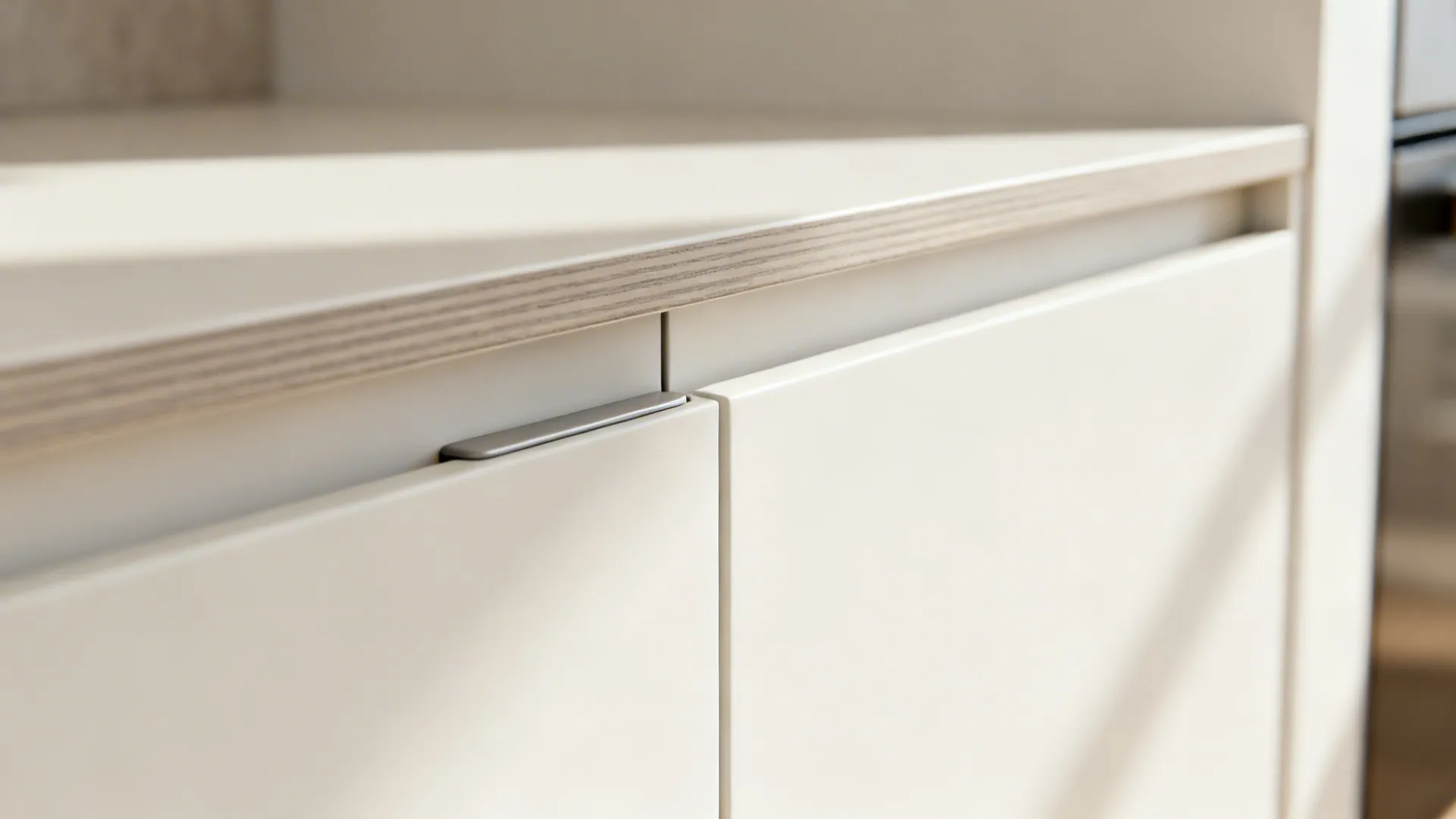 Macro of matte cabinet door with concealed pull and precise reveals highlighting fingerprint-resistant texture.