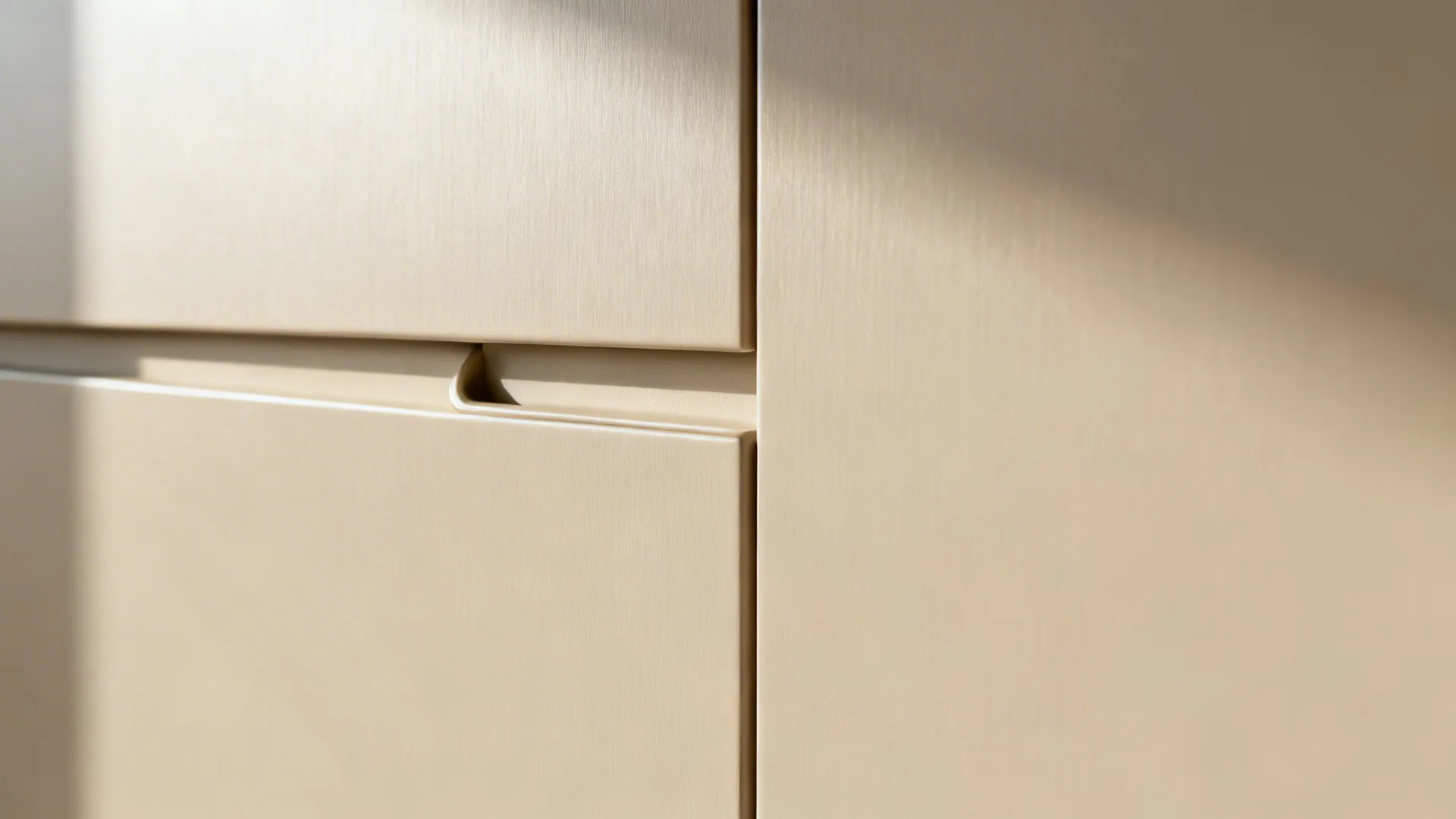 Macro of a matte cabinet door with finger-pull edge and soft-close detail.