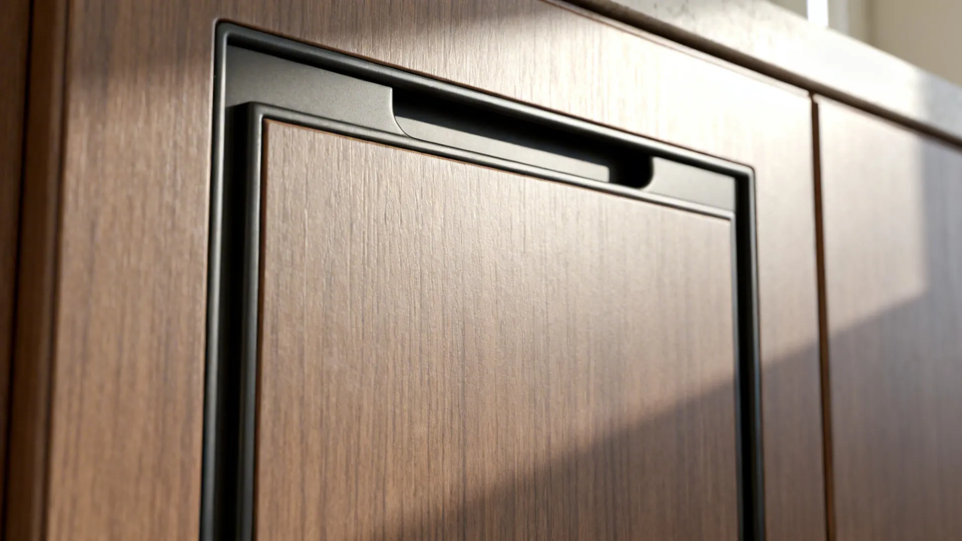 Macro detail of matte laminate cabinet door with integrated pull and ABS edge.