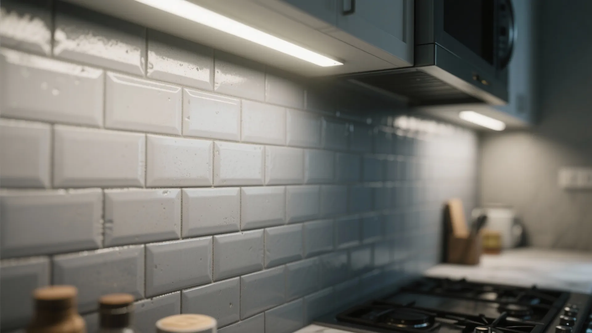 Close-up of matte dove gray subway tiles with visible grout in a small kitchen.