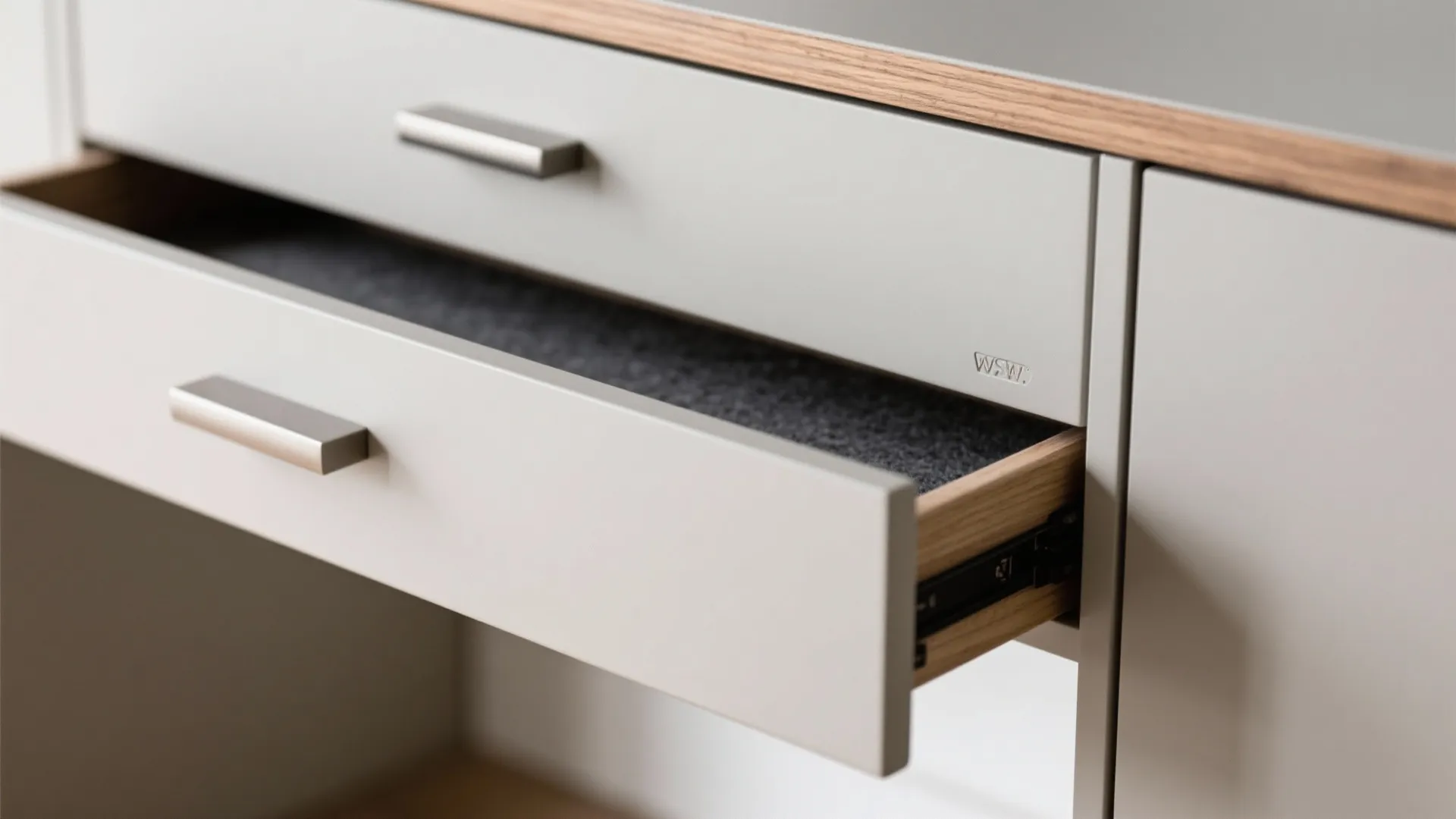 Macro view of matte cabinet front with soft-close hardware and oak edge banding.