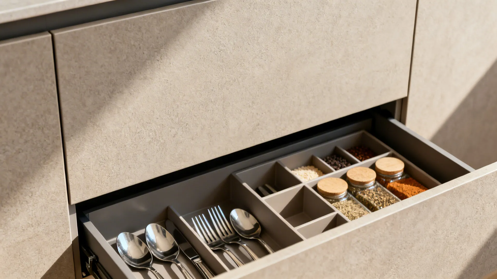 Open kitchen drawer with grey organizer holding metal spoons forks and small glass spice jars