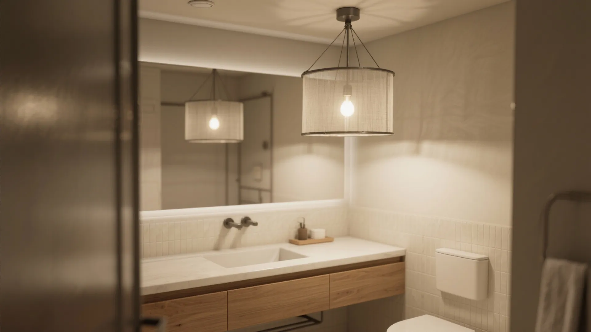 Modern bathroom interior featuring large mirror wooden vanity cabinet and a round fabric drum ceiling light