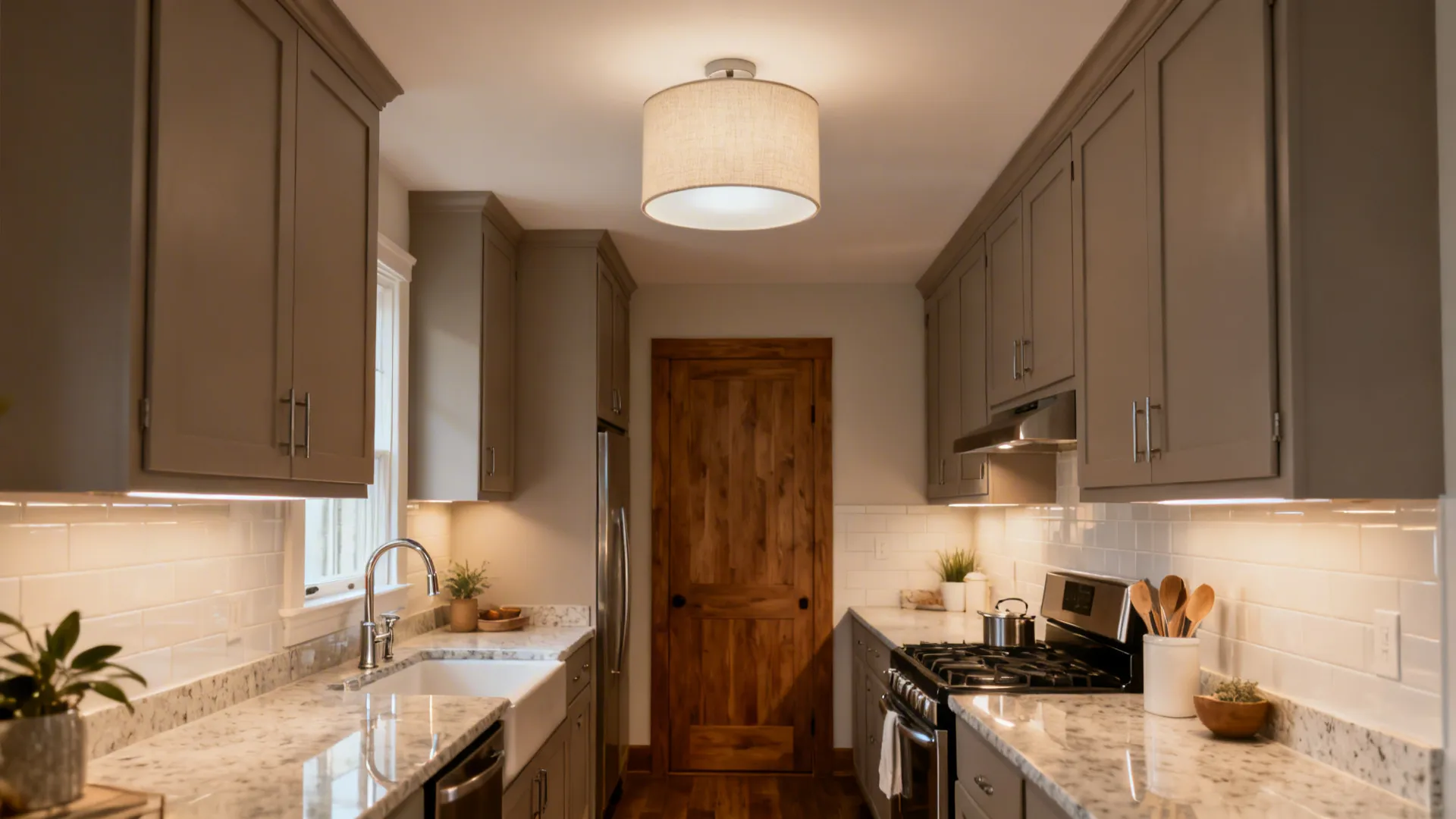 Matte linen drum flush mount softly illuminating a narrow galley kitchen with neutral cabinetry.