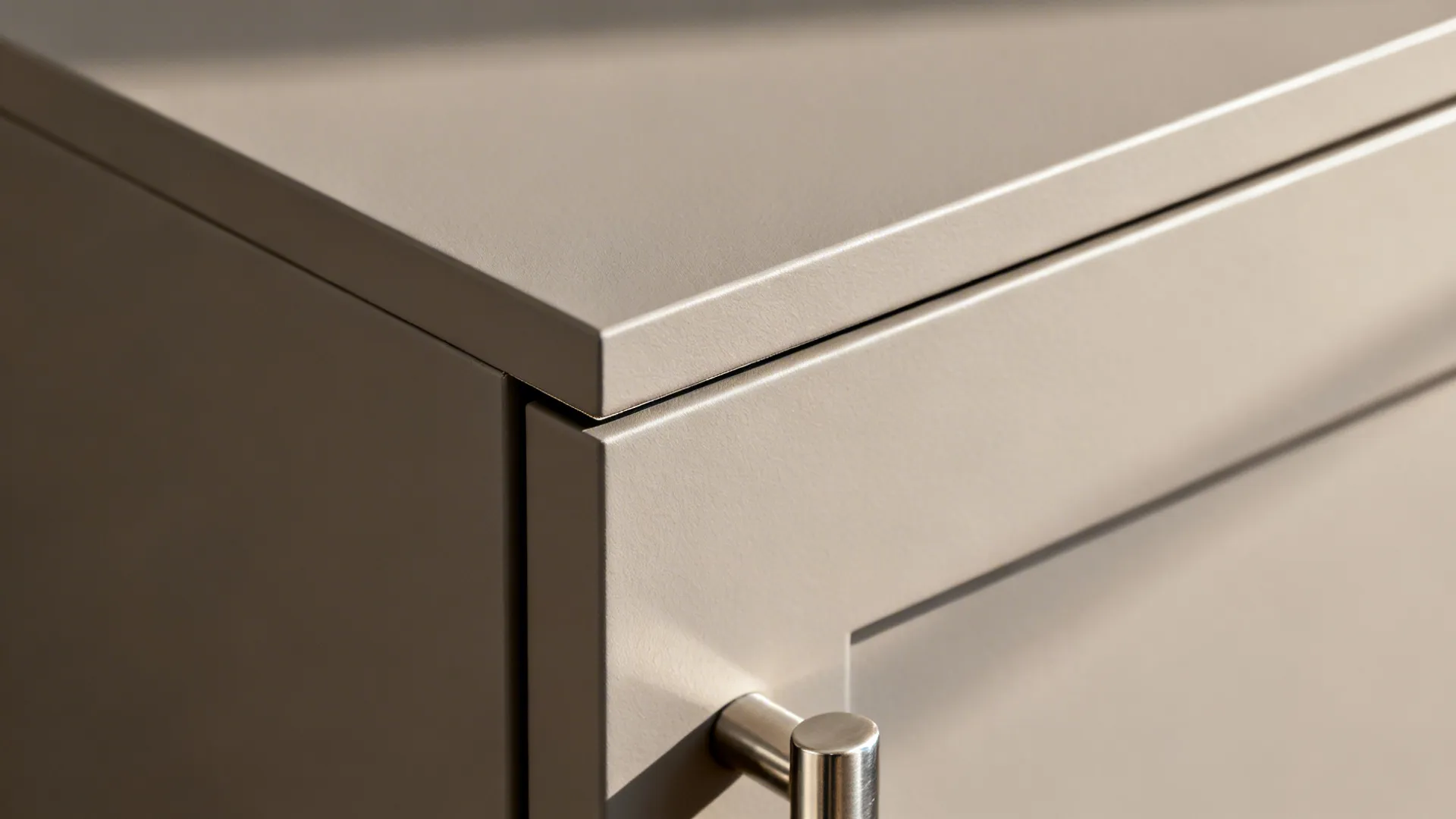 Macro view of ultra-matte cabinet door edge with clean edge-banding and subtle texture.