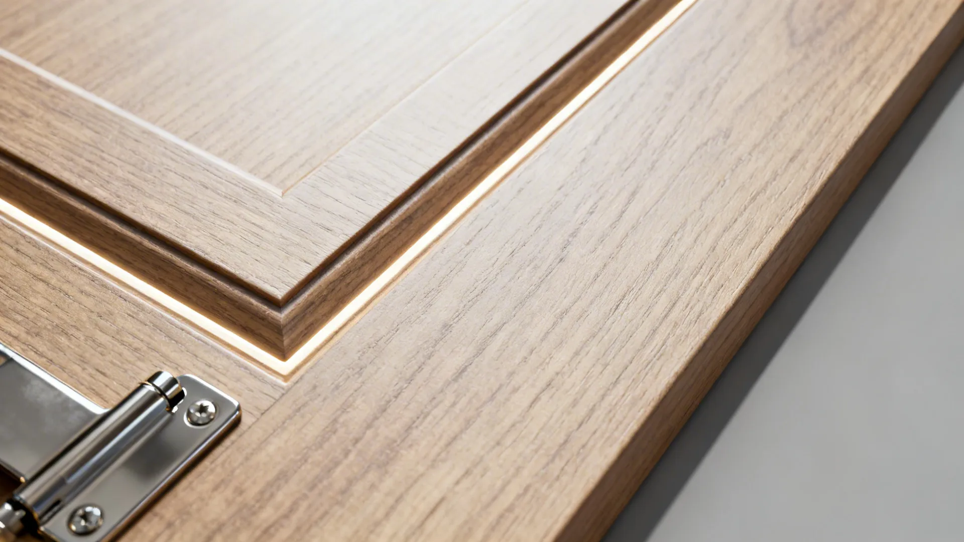 Macro of a matte cabinet door with integrated pull and crisp 2 mm edge banding.