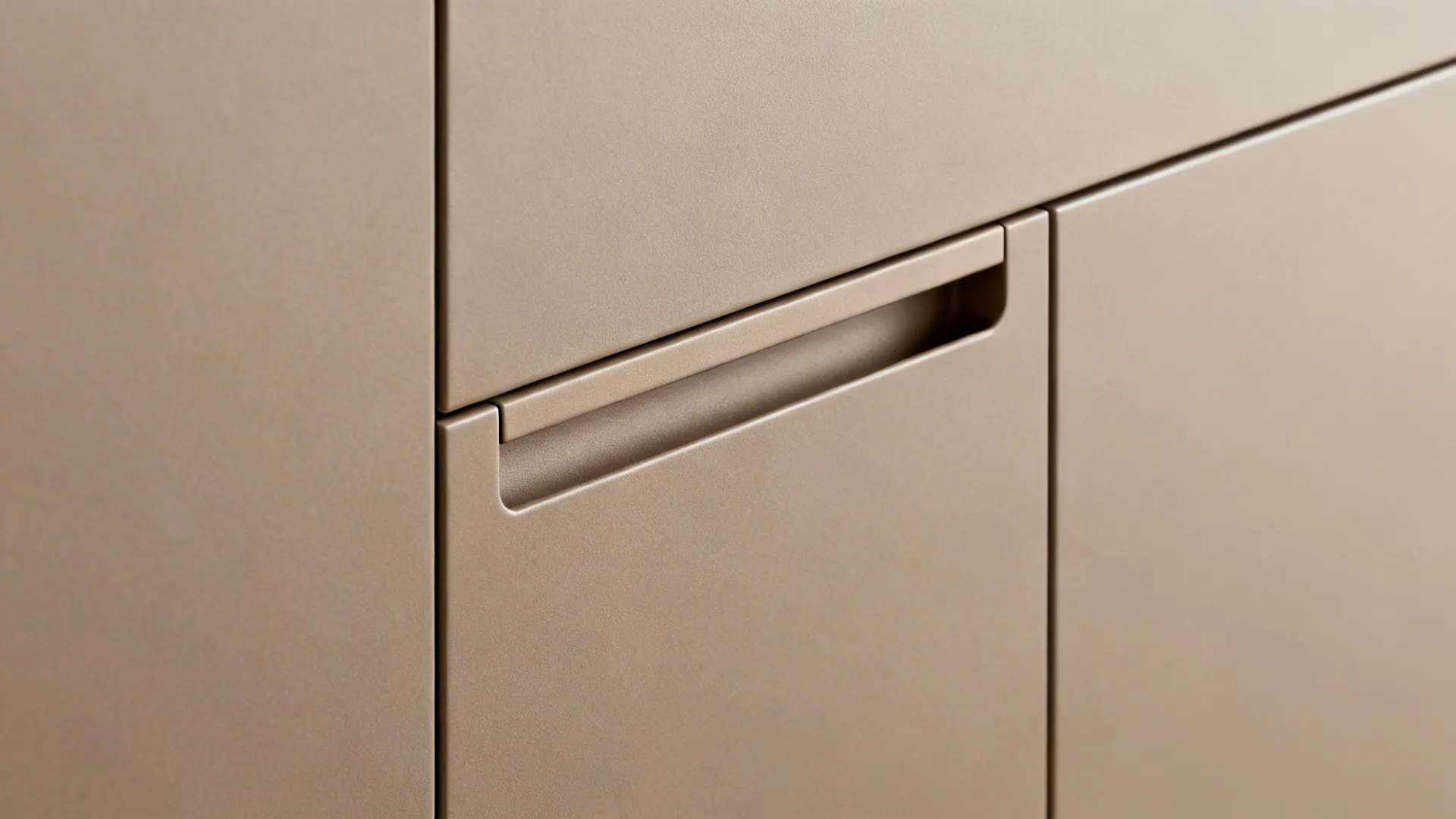 Macro of matte cabinet front with crisp edge banding and integrated pull.
