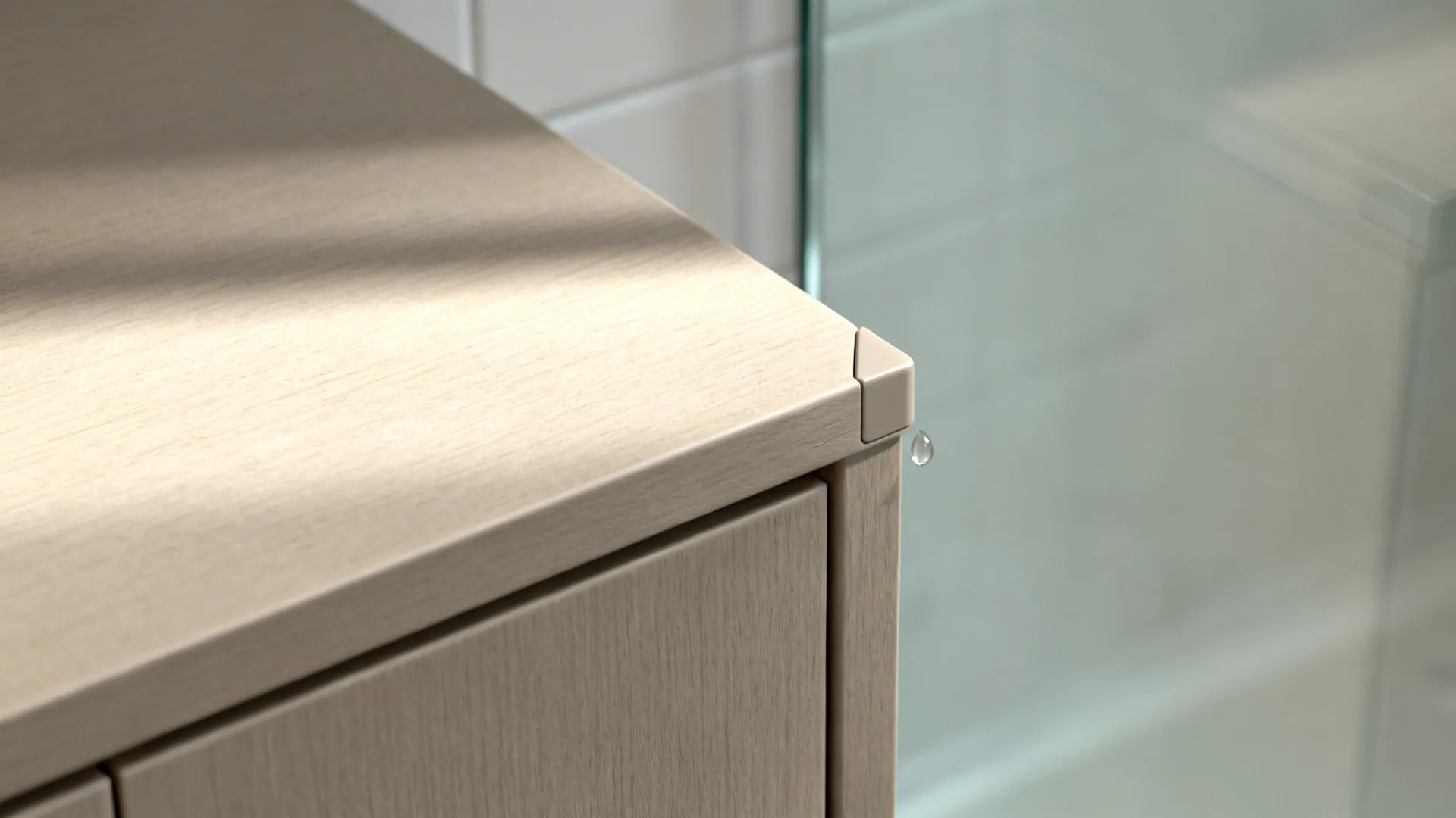Light wood cabinet edge with protective corner cap shown in a bright modern bathroom setting