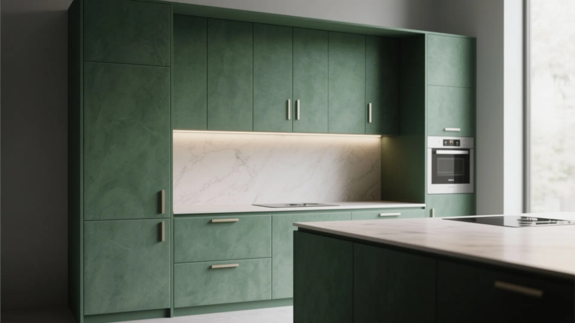 Minimalist kitchen with matte green cabinets, white marble backsplash, hidden lights, and built in oven unit