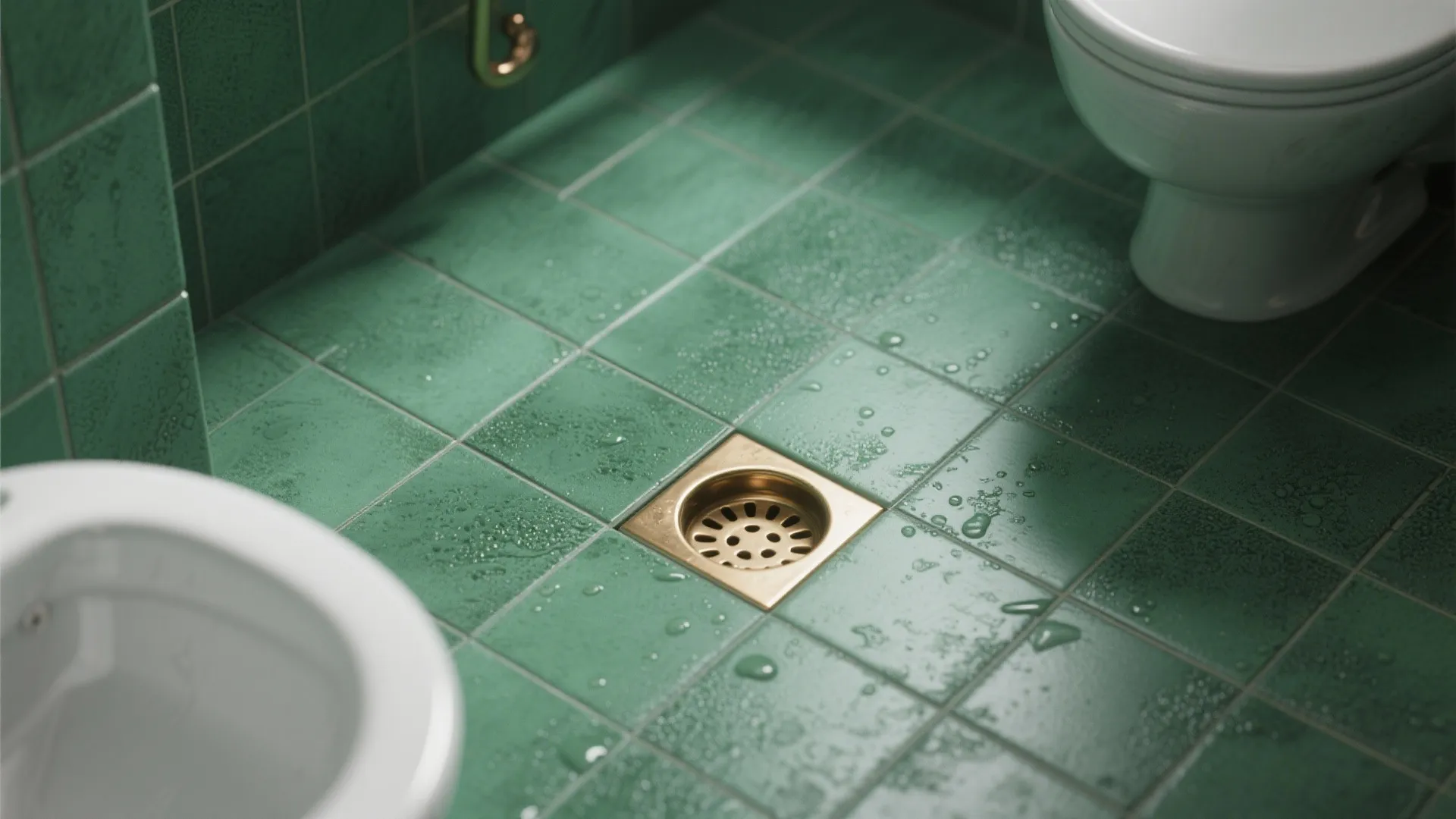 Green square floor tiles with water drops and a gold metal drain near white toilet