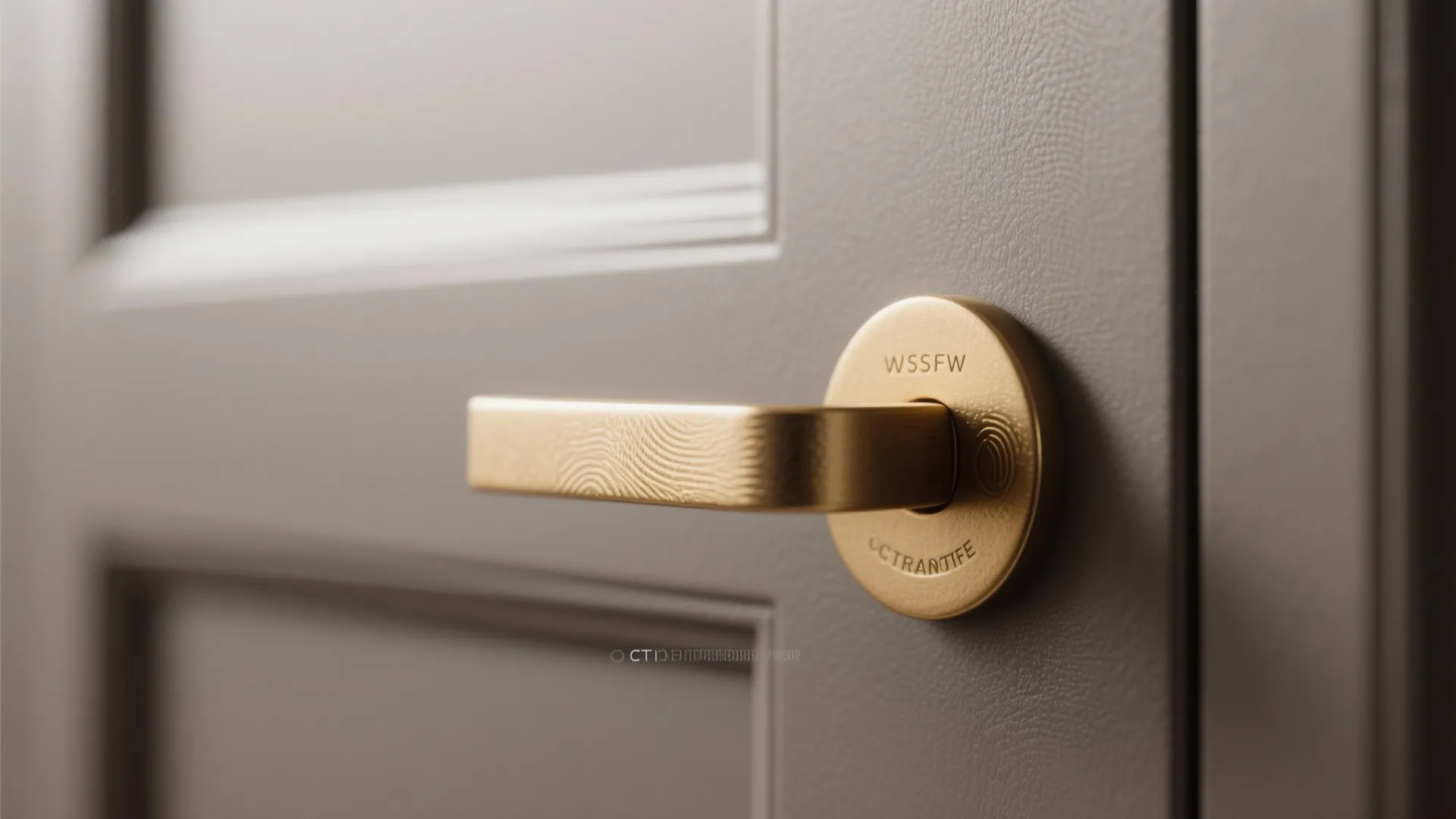 Close up of a gold door handle on a gray door with a textured finish