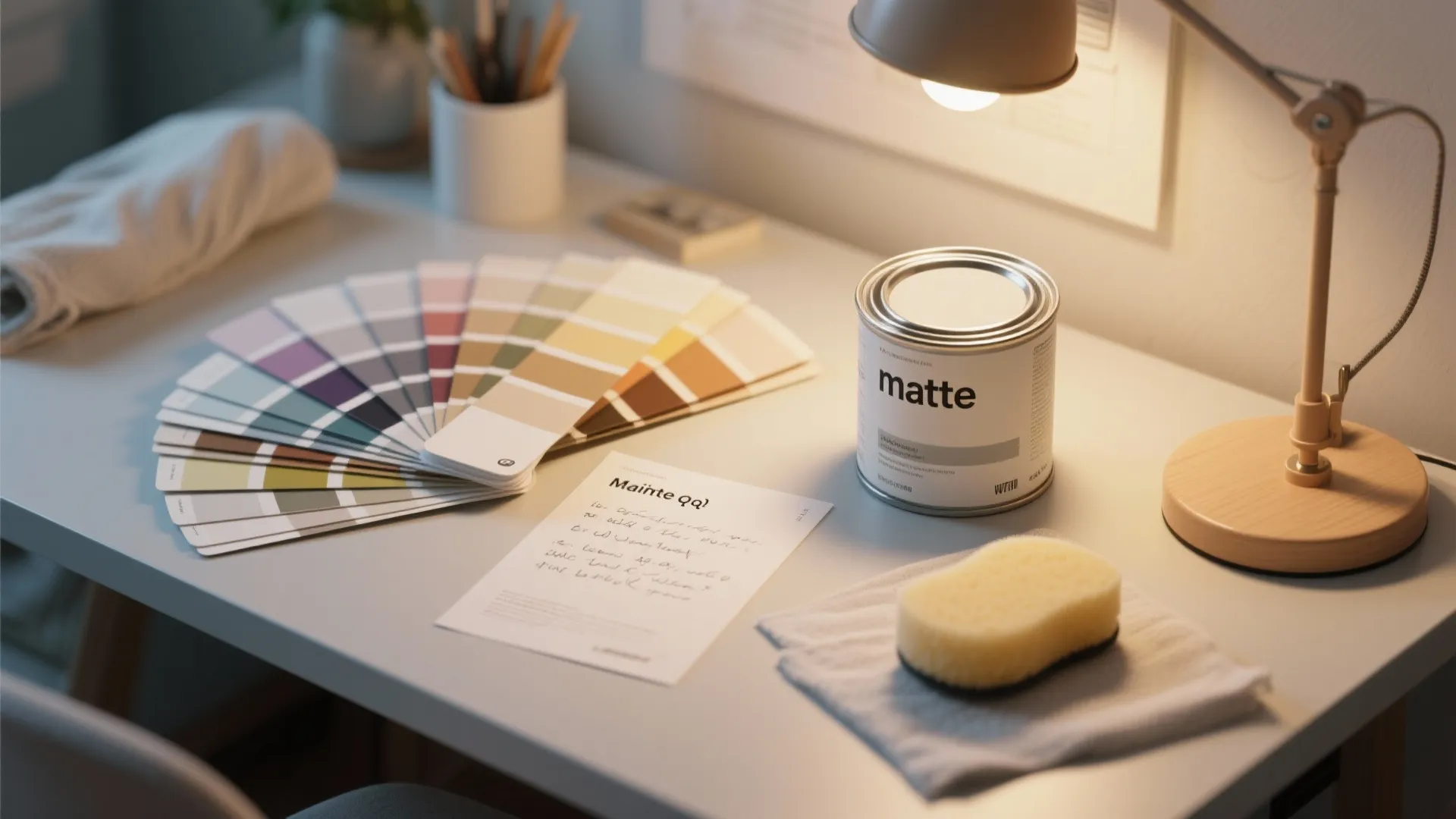 Desk with color swatches, matte paint can, table lamp, paper, and sponge for home decoration