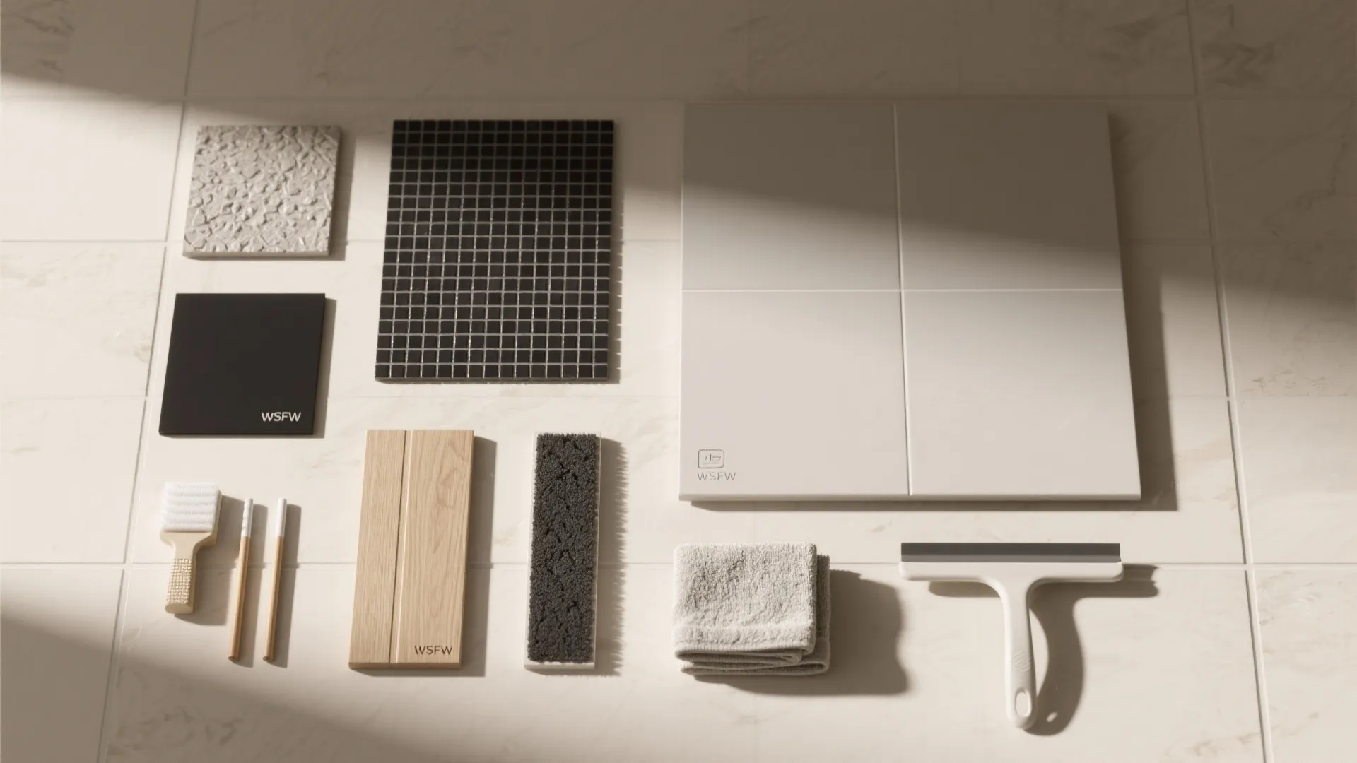 Flat lay showing various floor tiles cleaning brushes white towel and squeegee on marble tile