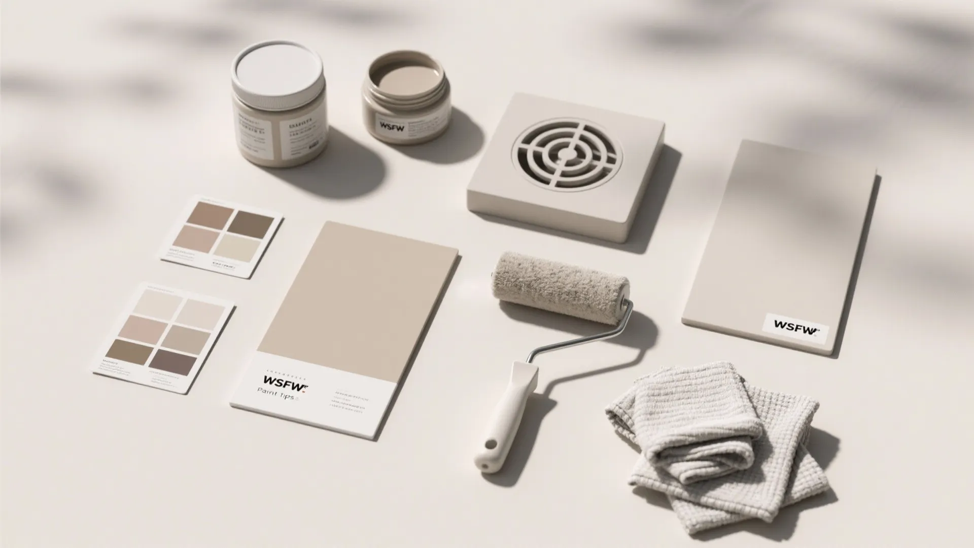 Top-down arrangement of paint sample pots, swatches and tools illustrating matte paint tips and samples.