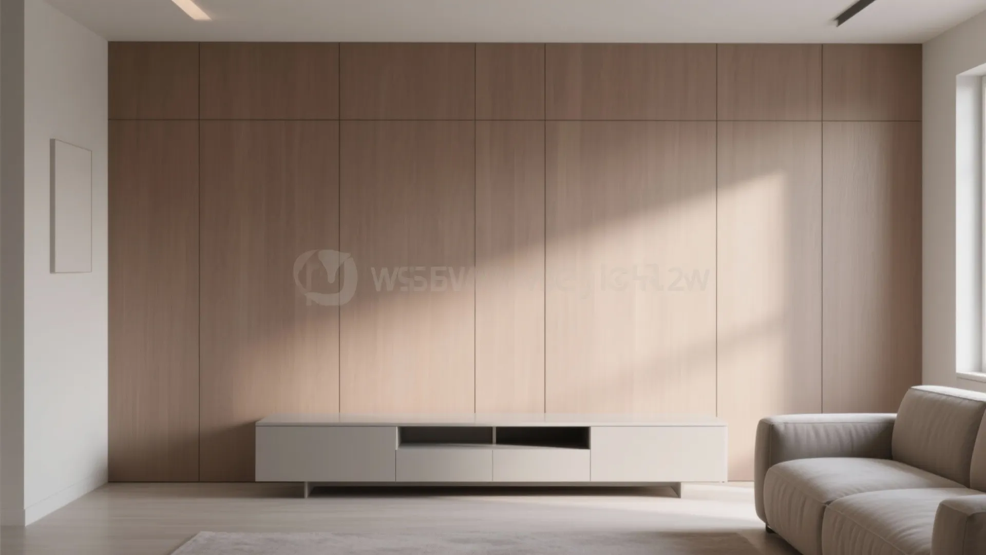 Modern living room featuring a wood wall panel, white low cabinet, sofa, and natural sunlight