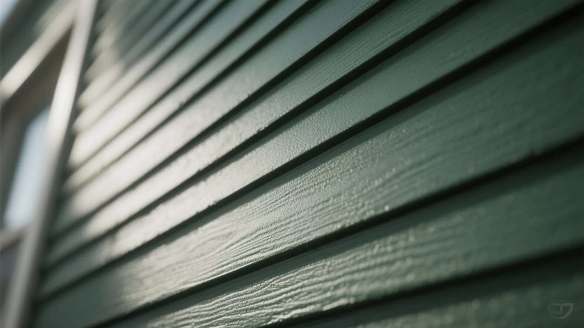 Macro view of dark green exterior siding showing matte low-sheen paint texture and fine surface detail.