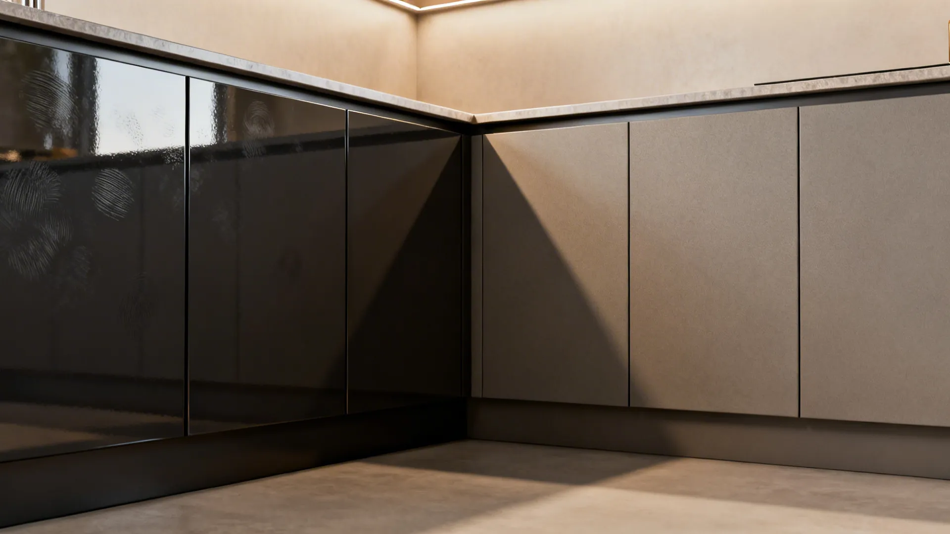 Before-after of glossy versus matte anti-fingerprint slab cabinet fronts in a small kitchen.