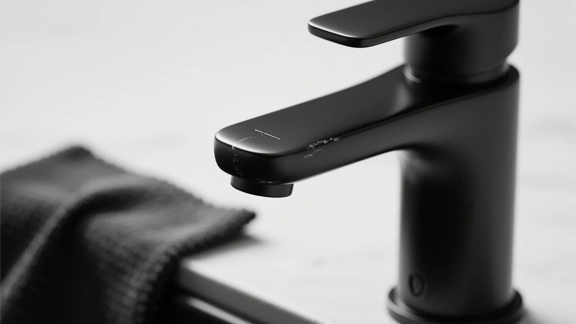 Close up view of a matte black water tap with textured surface on white counter