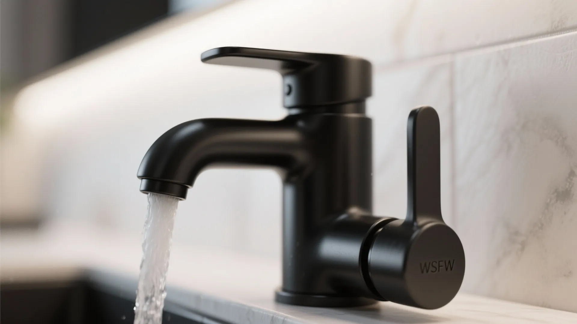 Macro view of a matte black faucet surface highlighting low-reflective texture