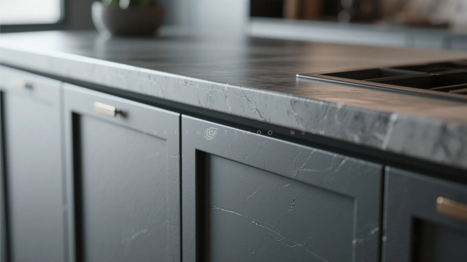 Close up of dark grey kitchen cabinet panels with gold handles and a marble countertop
