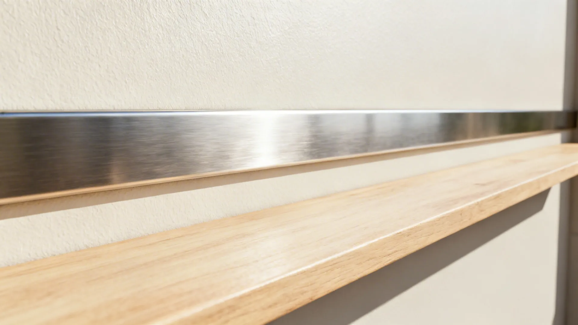 Close up of a wooden wall shelf with a long brushed metal strip on the wall