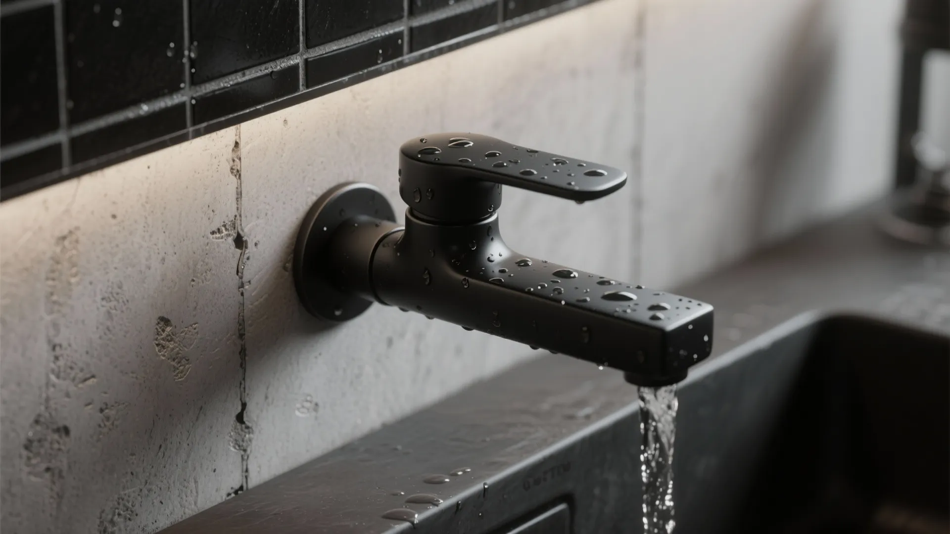 Close up of black wall mounted faucet with water drops running into a dark sink