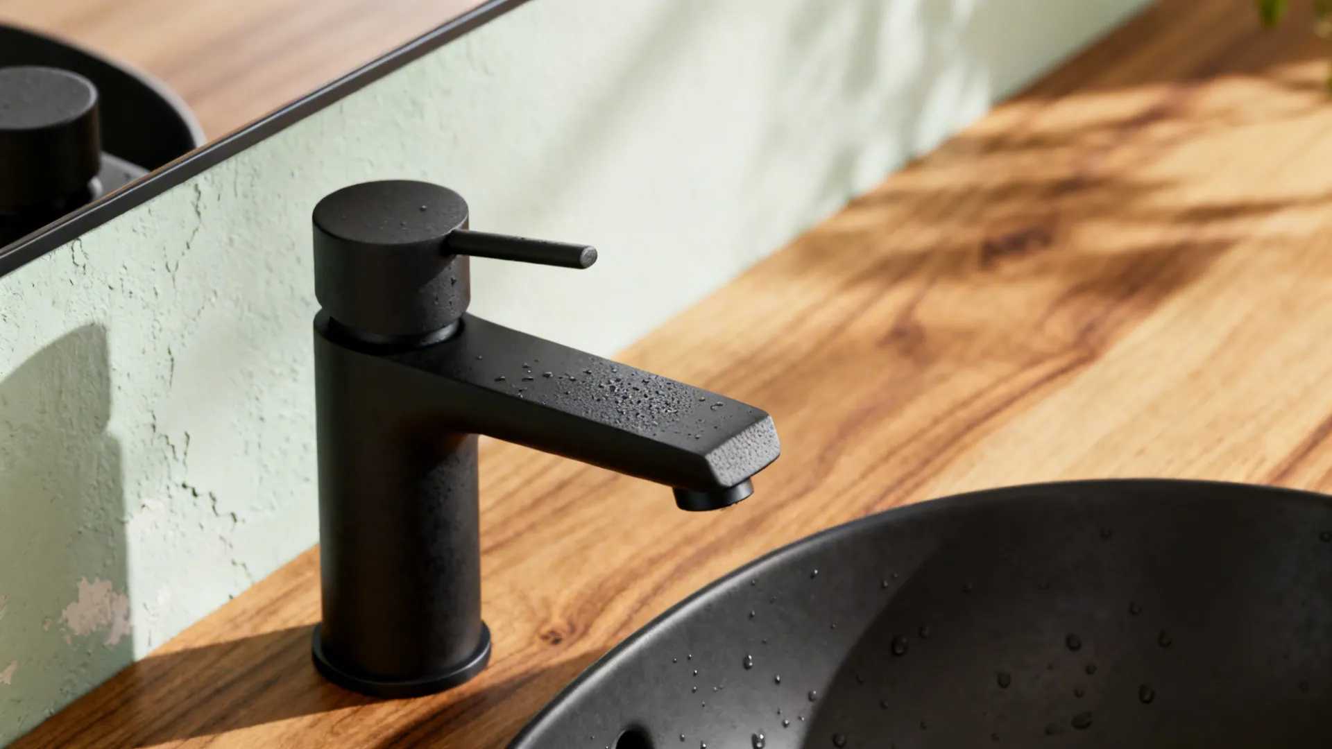 Macro of matte black faucet finish beside warm oak and limewash texture.