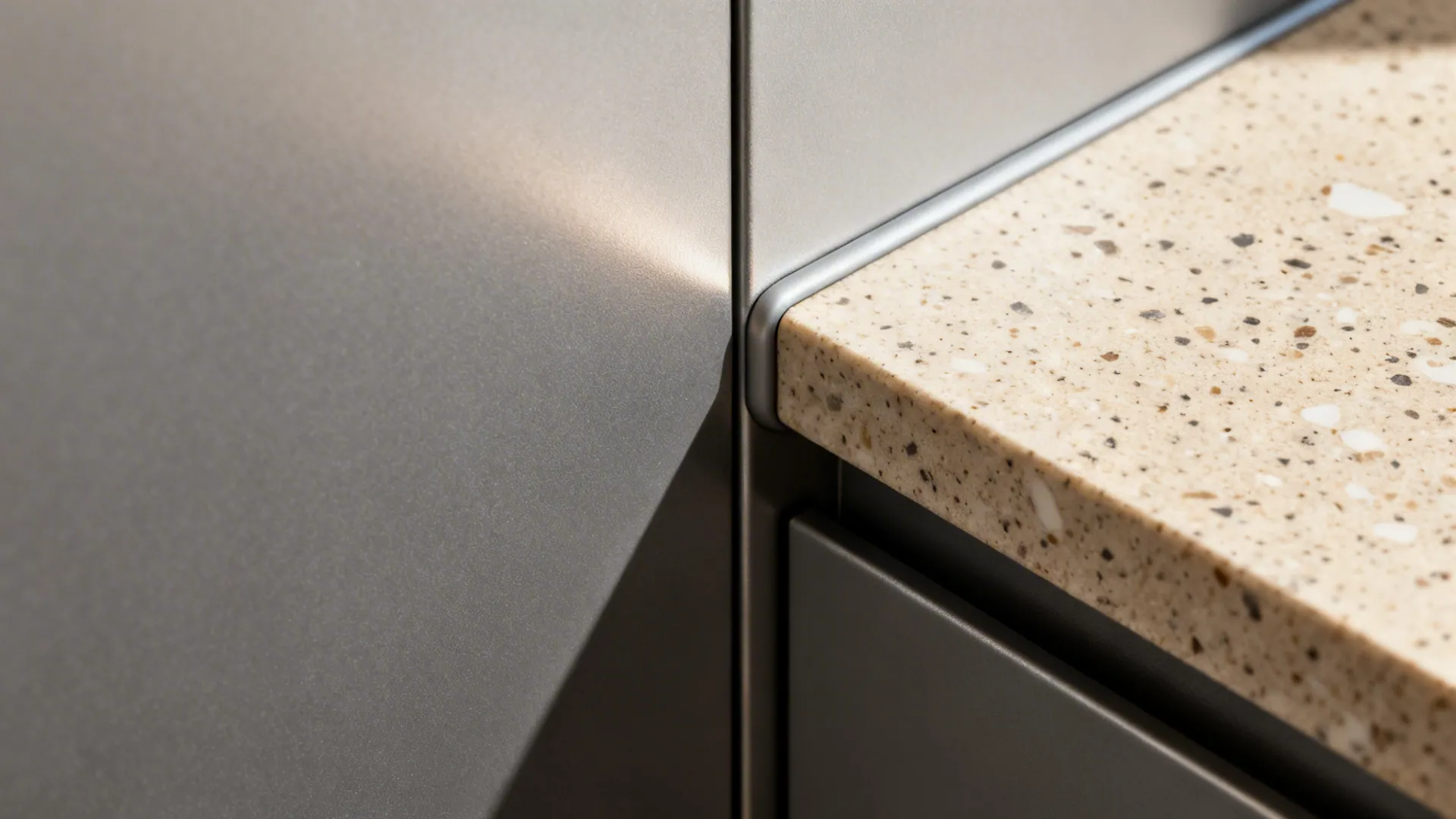 Close up of grey matte kitchen cabinet meeting a light stone countertop with small flecks
