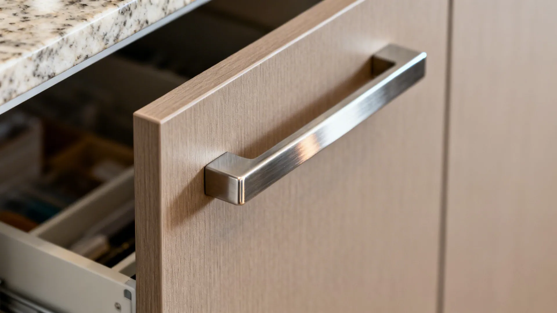 Close up of wooden kitchen cabinet drawer with metal handle beside white stone counter top