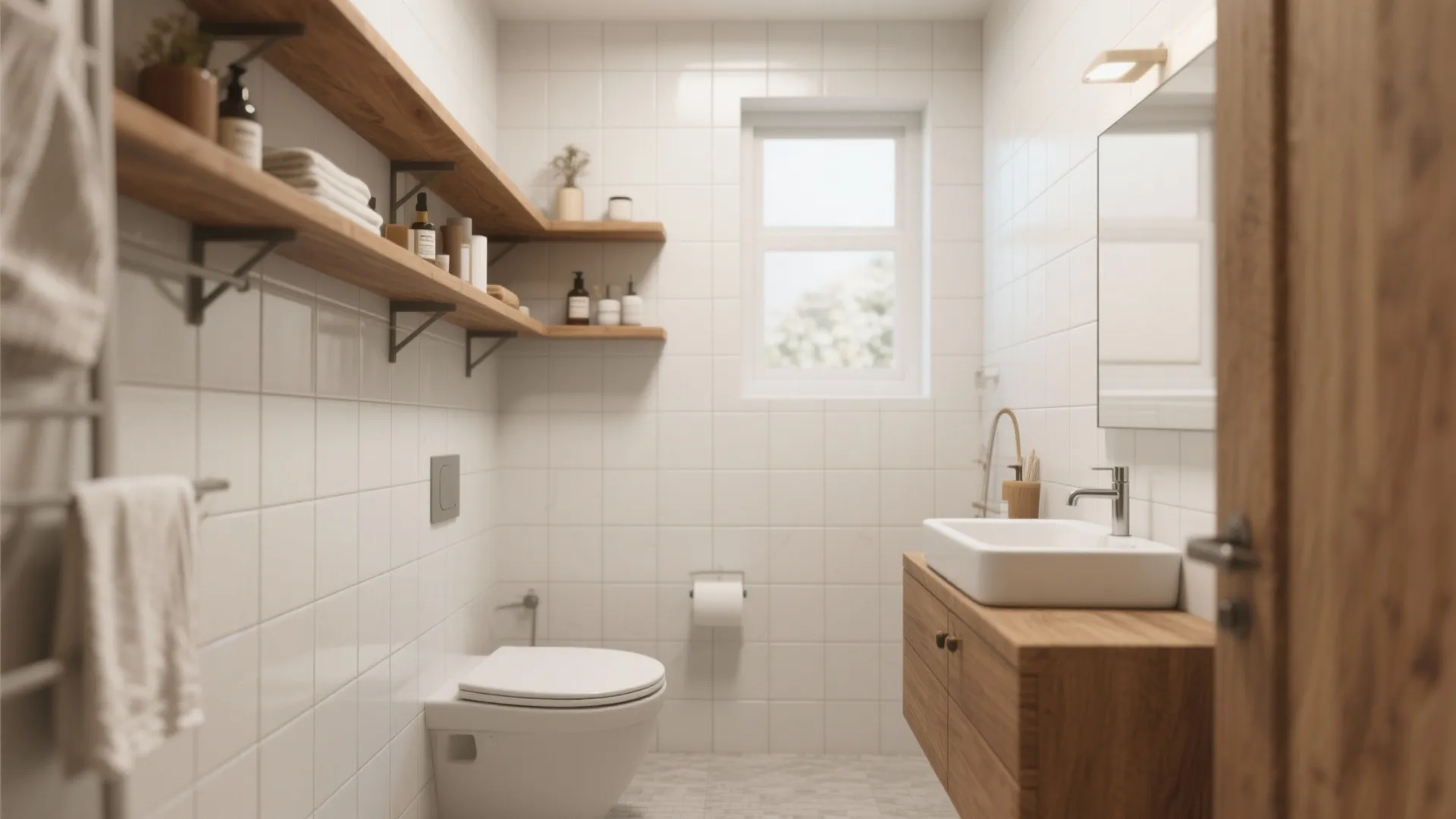 Small bathroom with wood shelves white wall tiles wooden cabinet sink toilet and small window